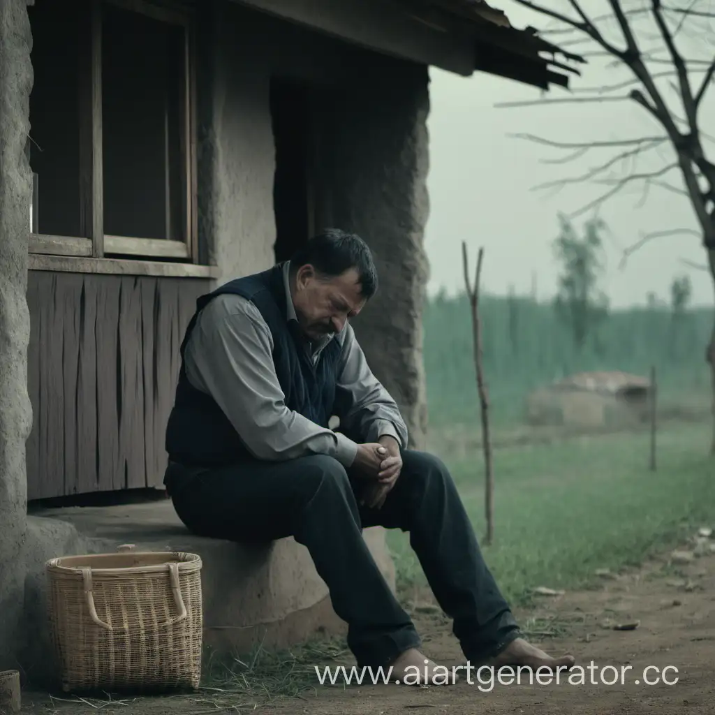 Мужчина сидит возле деревенского домика болит сердце