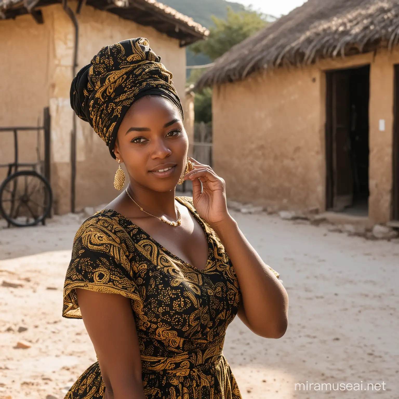 A modest black woman turning into a Pilar of salt in a village , the woman black and gold head wrap and dress