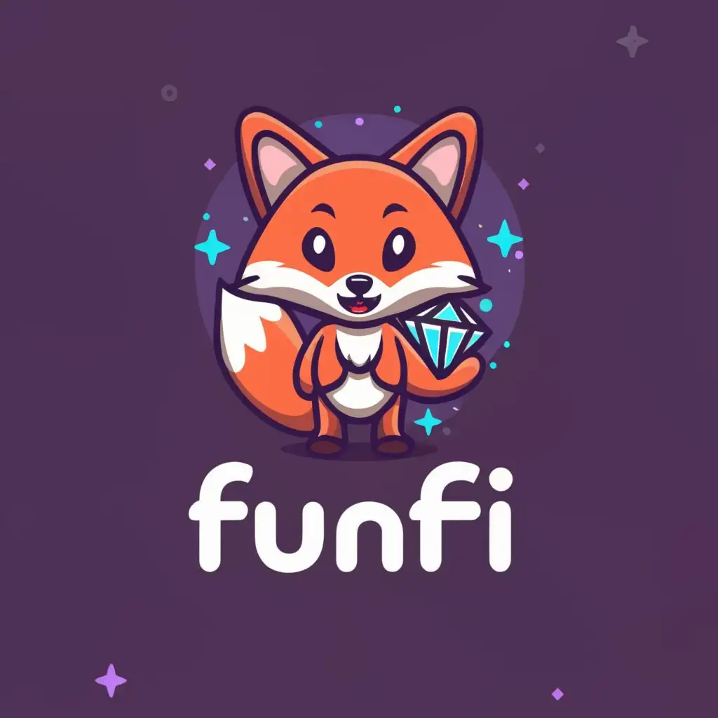 a logo design,with the text "FunFi", main symbol:Cute, upright fox holding a sparkling diamond. Cartoonish and friendly style.,Minimalistic,clear background