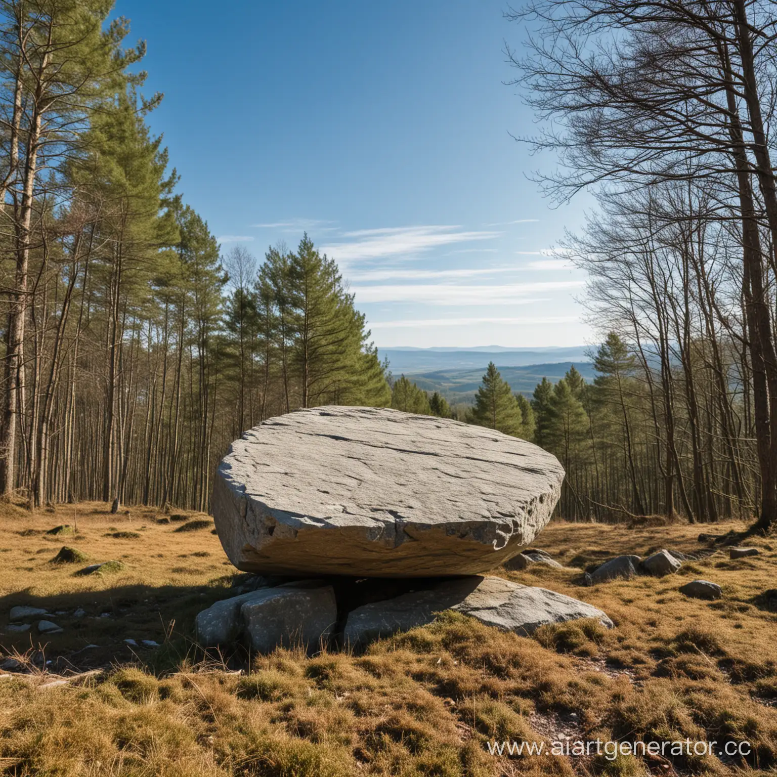 ровный камень в лесу на фоне  голубого неба 