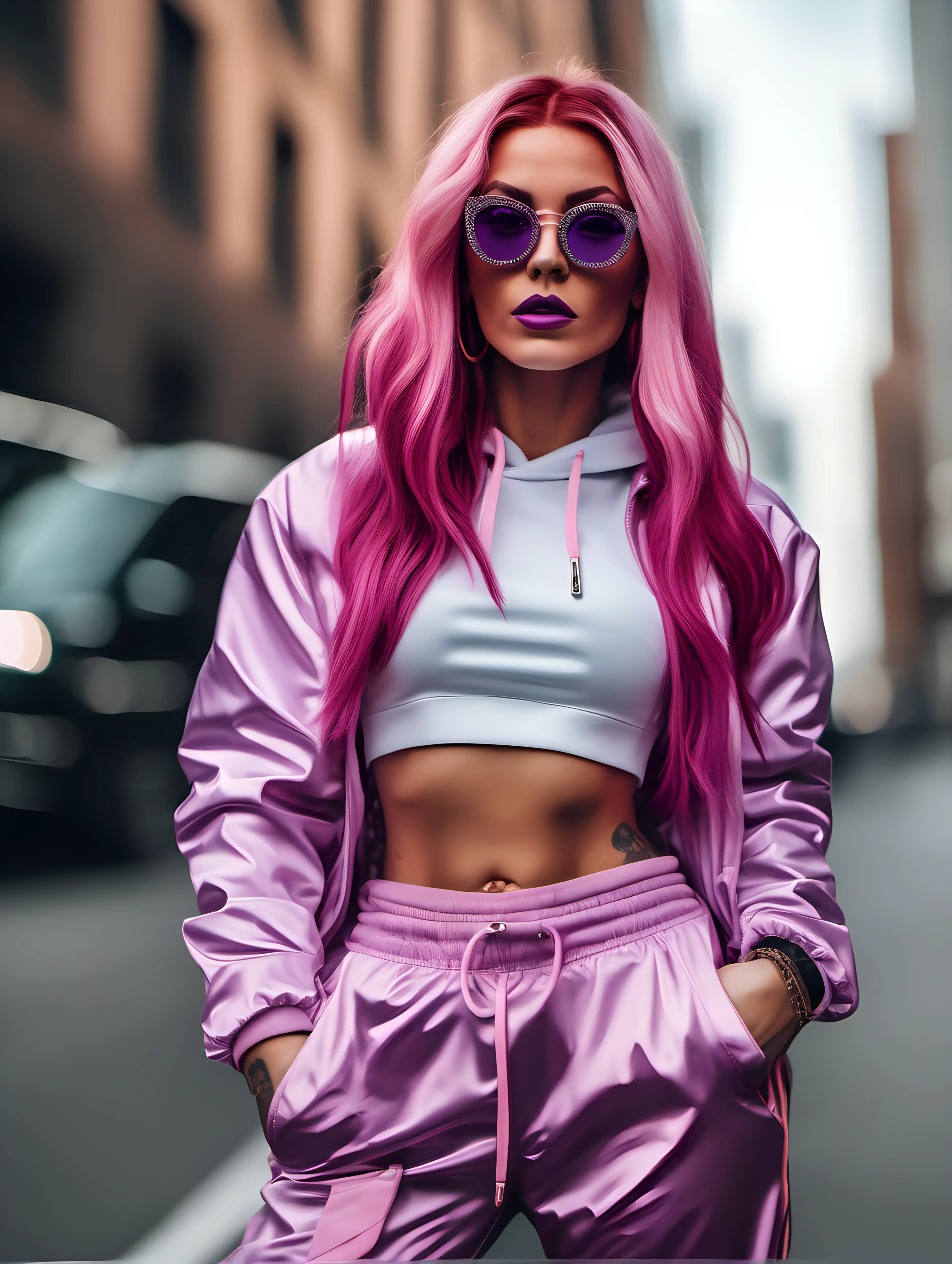 Stylish Urban Fashion Instagram Influencer in Sporty PinkViolet Ensemble