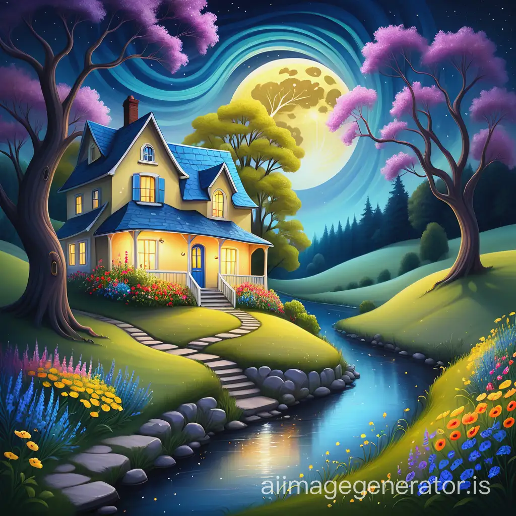 A whimsical and dreamy image of a surreal landscape at night under a big yellow moon and a starry sky. In the foreground, there is a meandering stream or river filled with brightly colored flowers, surrounded by grassy areas with even more blooming wildflowers. On a small hill sits a cozy white house with warm lights illuminating its windows and doorway, nestled under the branches of a large, winding tree with blue foliage. The overall scene evokes a sense of magic, peace and connection with nature.
Painting of a house in a field with a river and a tree, cozy magical scene, house in the woods, whimsical art, idyllic cottage, small cottage, cottagecore!!, dreamy landscape painting, beautiful house on a forest path, whimsical fantasy landscape art, cottage In the forest, a relaxing and pleasant view, a house in the forest, dreamy and detailed