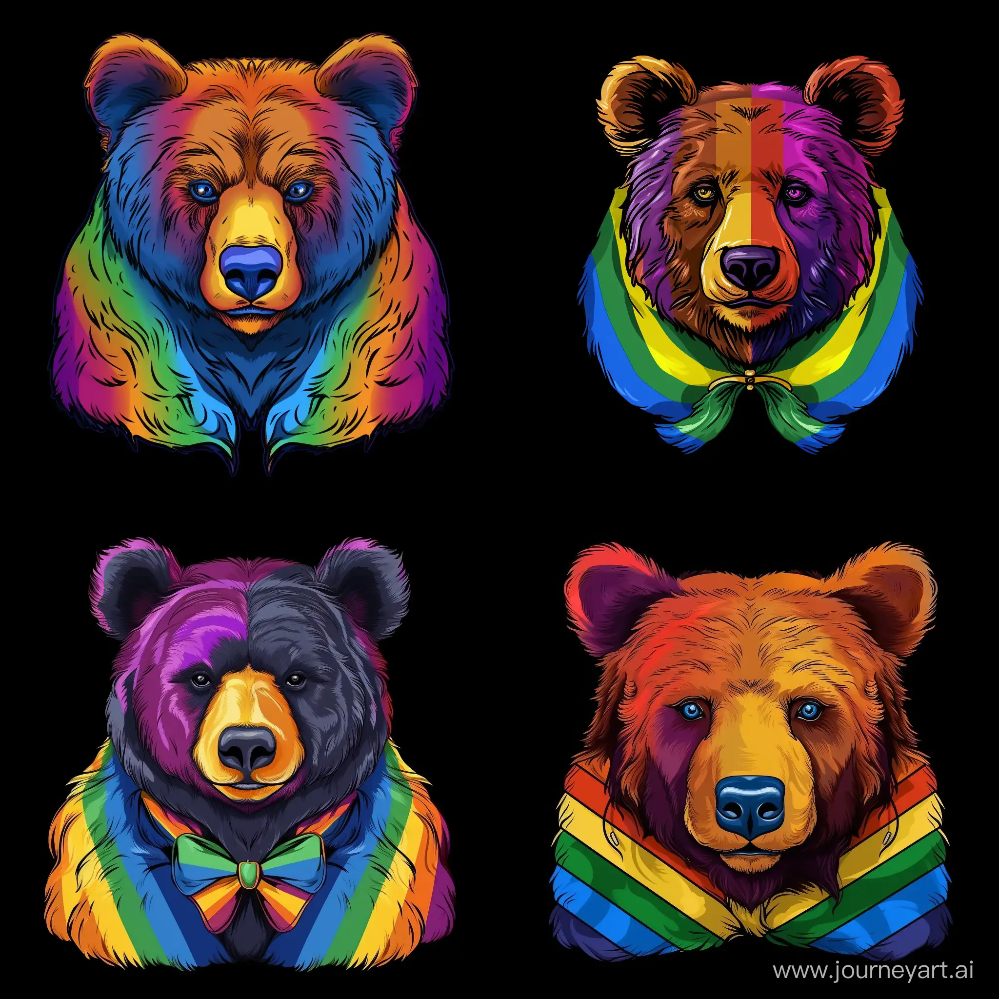 T-shirt print vector bear with an lgbt flag tied 
in a bandana on its head on a black background 