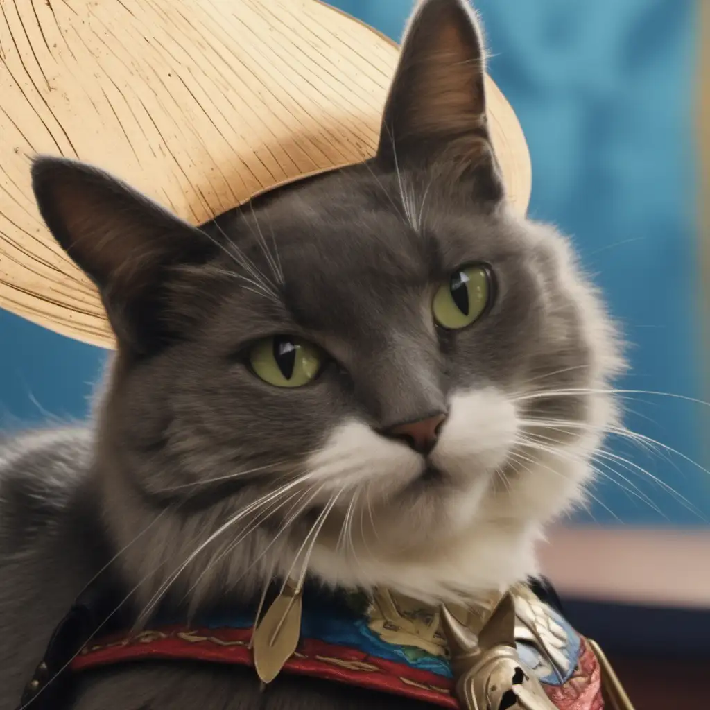 grey cat with long white mustache wearing a sombrero and holding sword and wearing boots