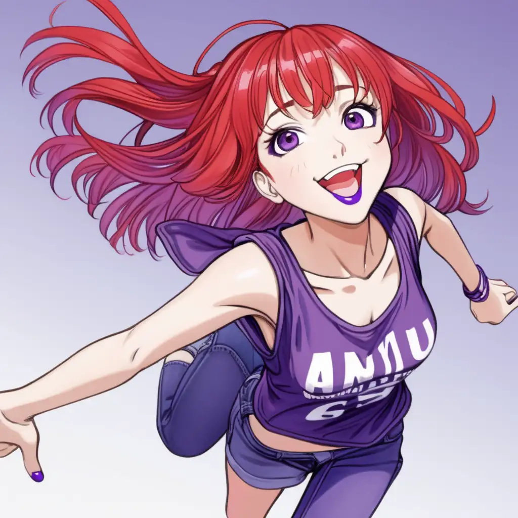 Anime style illustrated woman, 25 years old, huge eyes, jumping in the air with her arms up, detailed face, bright red hair, purple lipstick, big smile