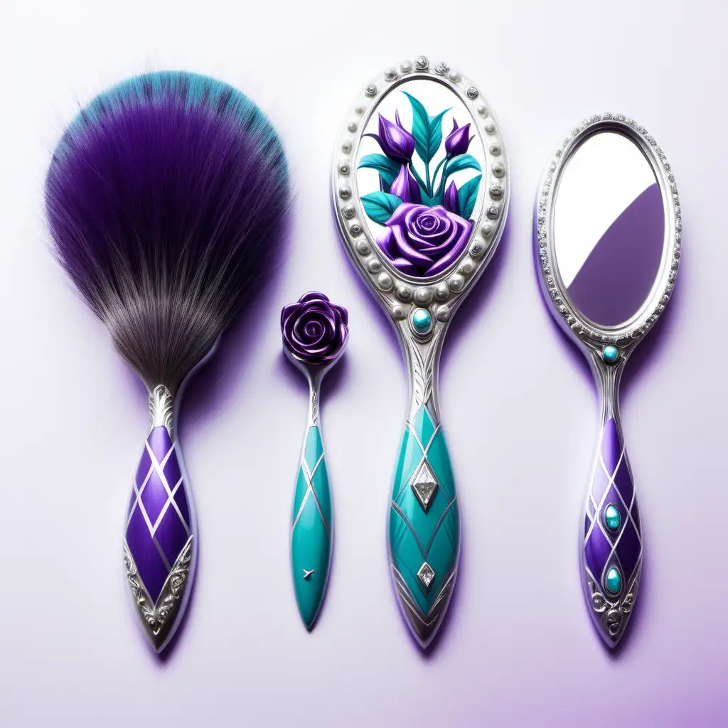 /imagine prompt: /imagine prompt: /imagine prompt:  purple turquoise and sliver hairbrush and hand mirror with purple and silver roses and lilies diamonds pearls,  
geometric illustration 