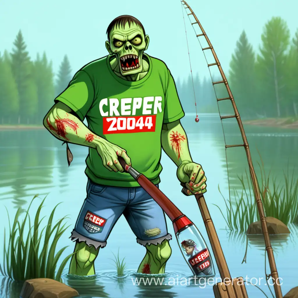 Русский зомби с надписью на футболке "крипер2004" рыбачит