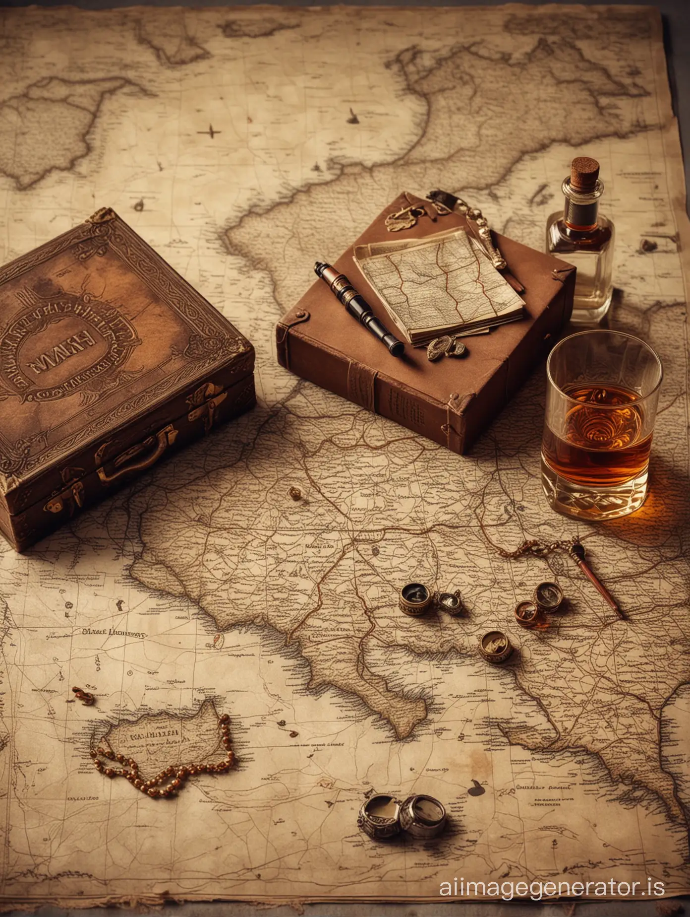 on a gray textured background, a stylized image of the surface of an ancient map spread out on a rectangular table, there is a stack of old travel books, next to it is a glass of expensive whiskey and a bottle of this expensive whiskey, a detective's magnifying glass lies on the map and there is a small jewelry casket with jewelry