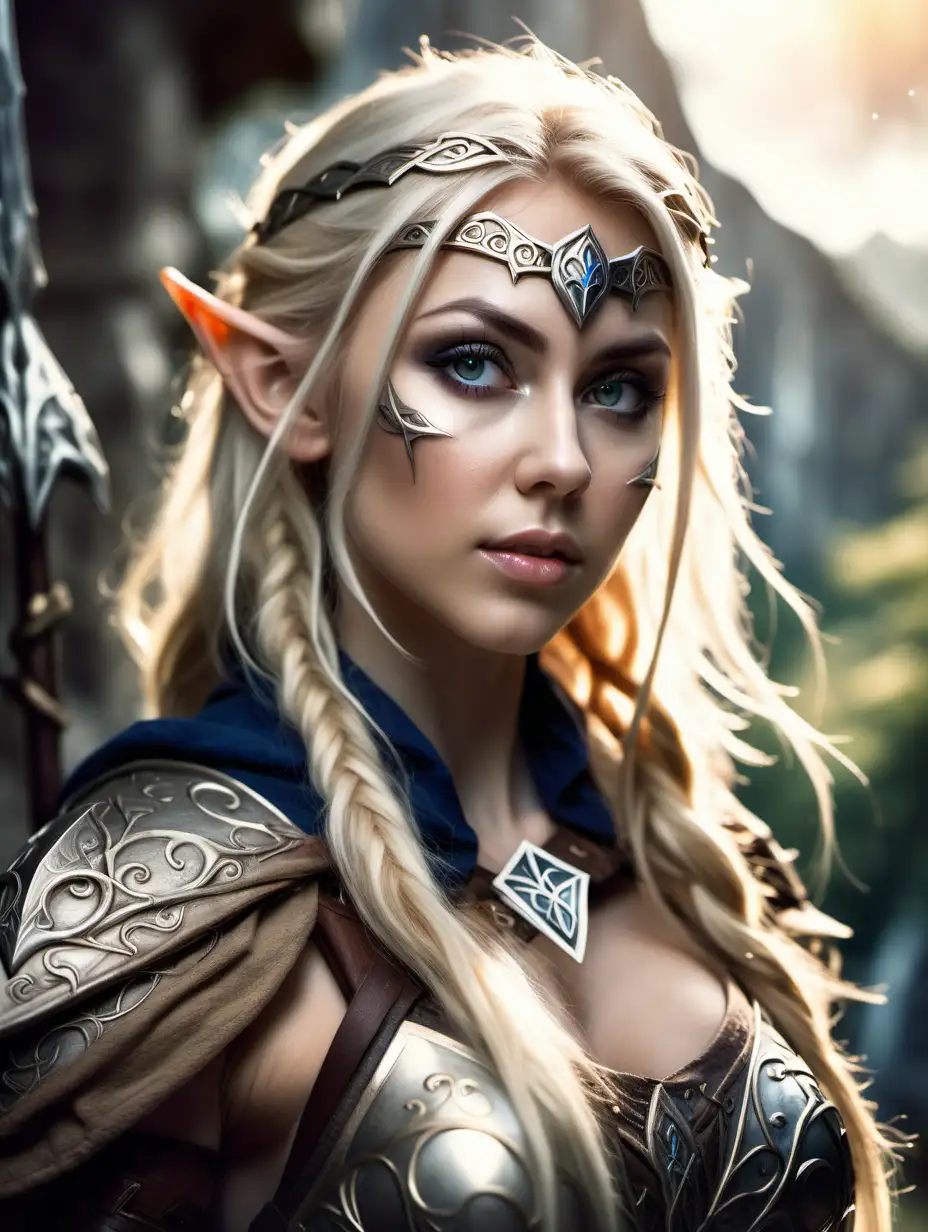 Beautiful Nordic woman, very attractive face, detailed eyes, big breasts, slim body, messy blonde hair, wearing an elven warrior cosplay outfit, close up shot, bokeh background, soft light on face, rim lighting, facing away from camera, looking back over her shoulder, standing in front of an elven sacred temple made of stone, illustration, very high detail, extra wide photo, full body photo, aerial photo