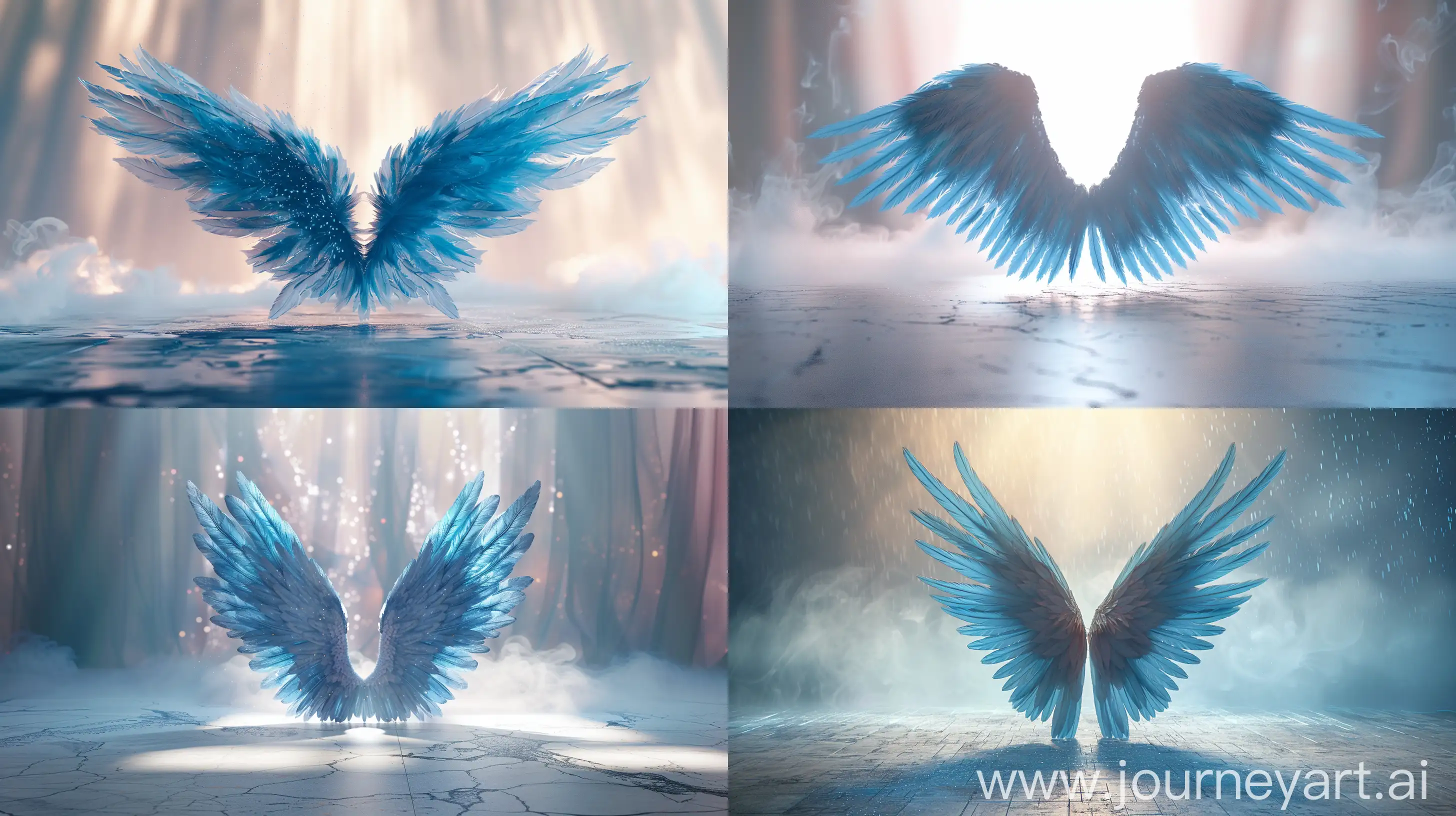  the wings are at the center of the image, symmetrical wings, An exquisite angelic wing, with blue soft feathers, soft feeling ,   stands out against a radiant backdrop. The light creates intricate shadows on the floor. Beneath the angelic wing,  adding an extra touch of elegance and mystery, ((ultra detailed)), realistic, angelic, ((glittering, particle in the air)), ((An award winning CG, abstract style, 4k, key visual, masterpiece, rich and deep colors, studio photography, ultra sharp, vibrant, elegant, flowy, graceful, stunning caustics, beautiful reflections)), smoke, fog ,more detail XL, white background, high saturation,   --ar 16:9 