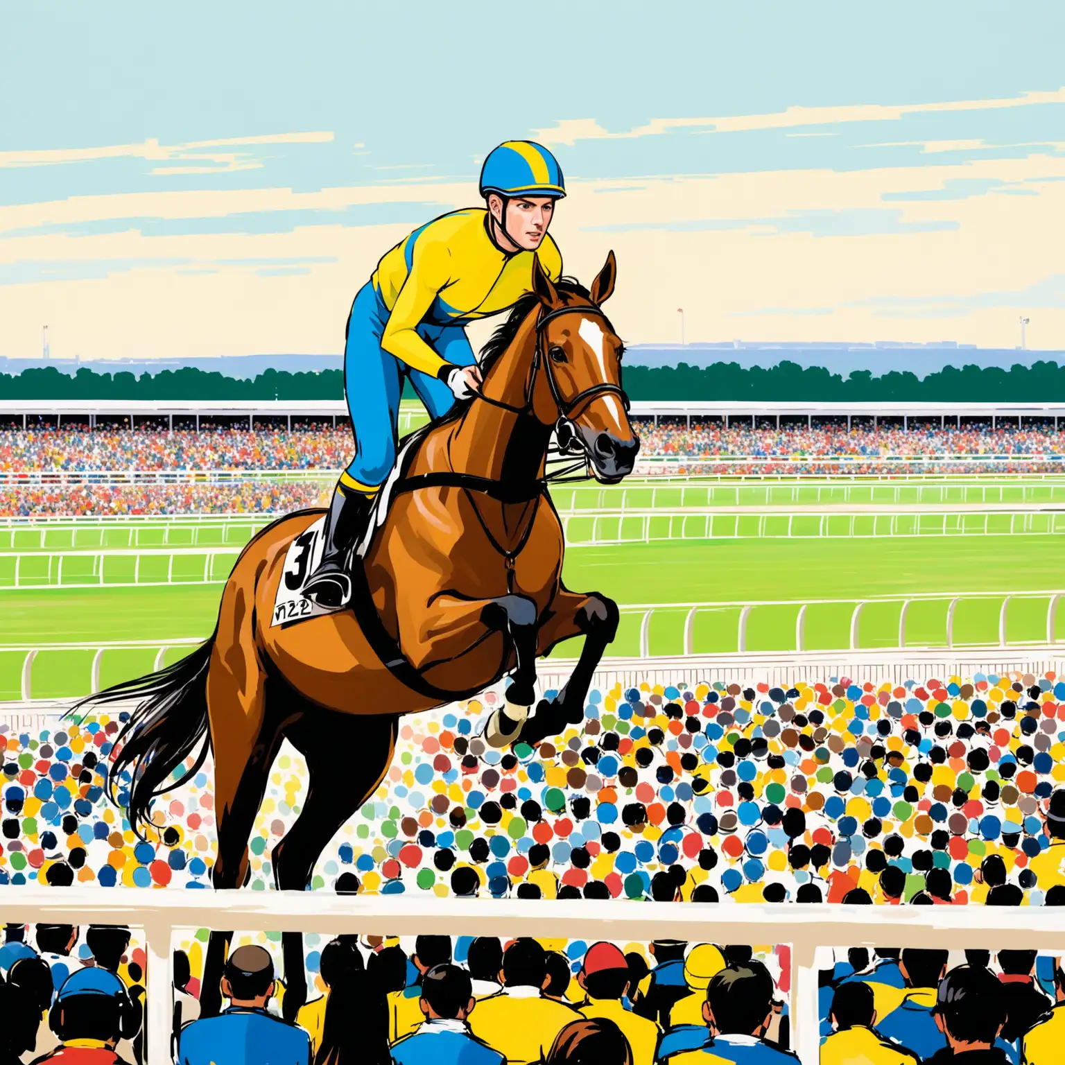En svensk jockey håller en häst i tyglarna, sportkläder, gul och blå jockeykläder, galoppbanan i bakgrunden, publik på läktaren, modern konst, Jackson Pollock stil 