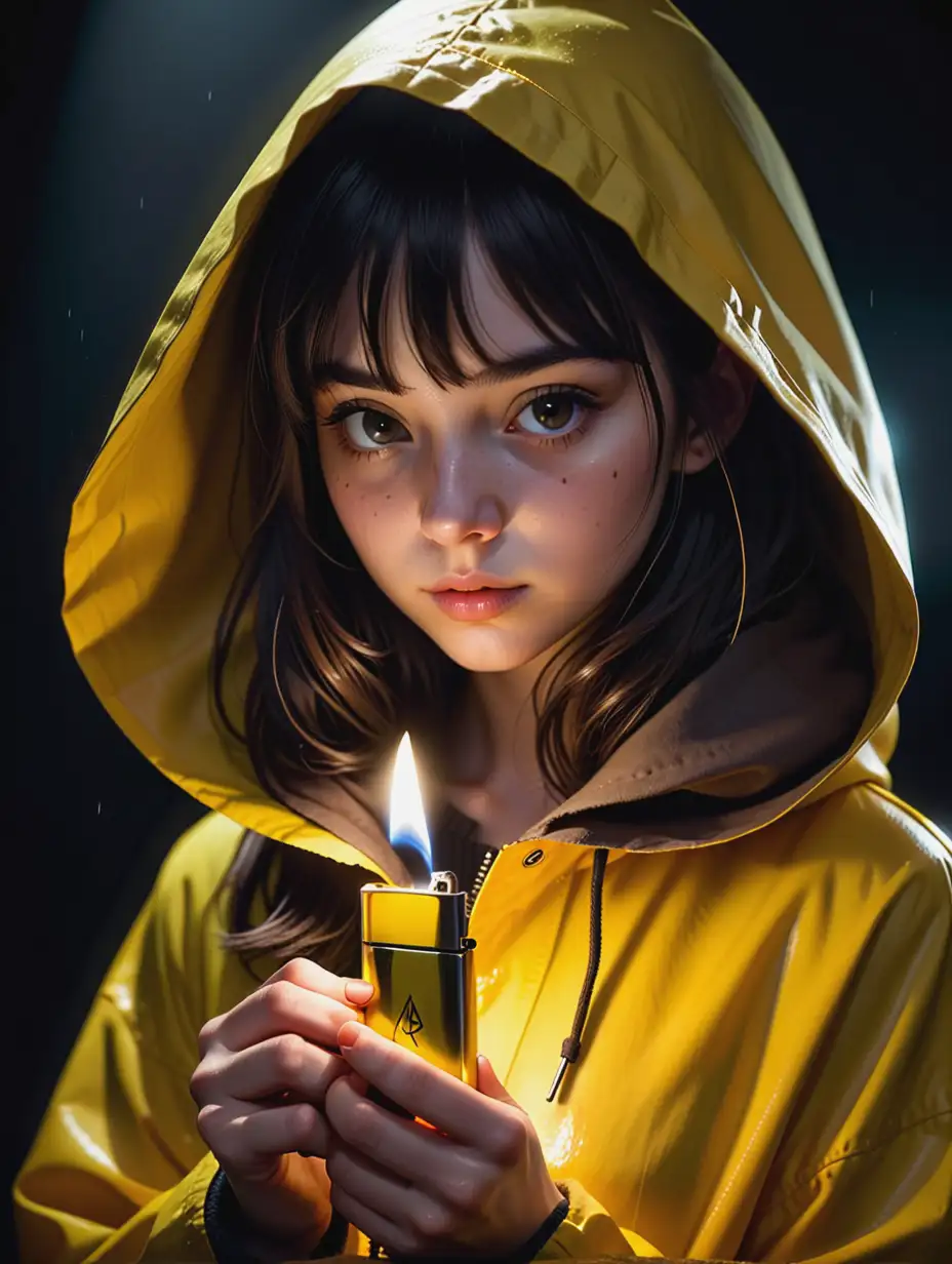 Teenage girl wearing yellow raincoat with hood pulled up, dark brown hair blunt cut with bangs, 3/4 angle of face, holding lit zippo lighter up in front of her in complete darkness, dramatic shadows on face,  scary vibe, six from little nightmares inspired