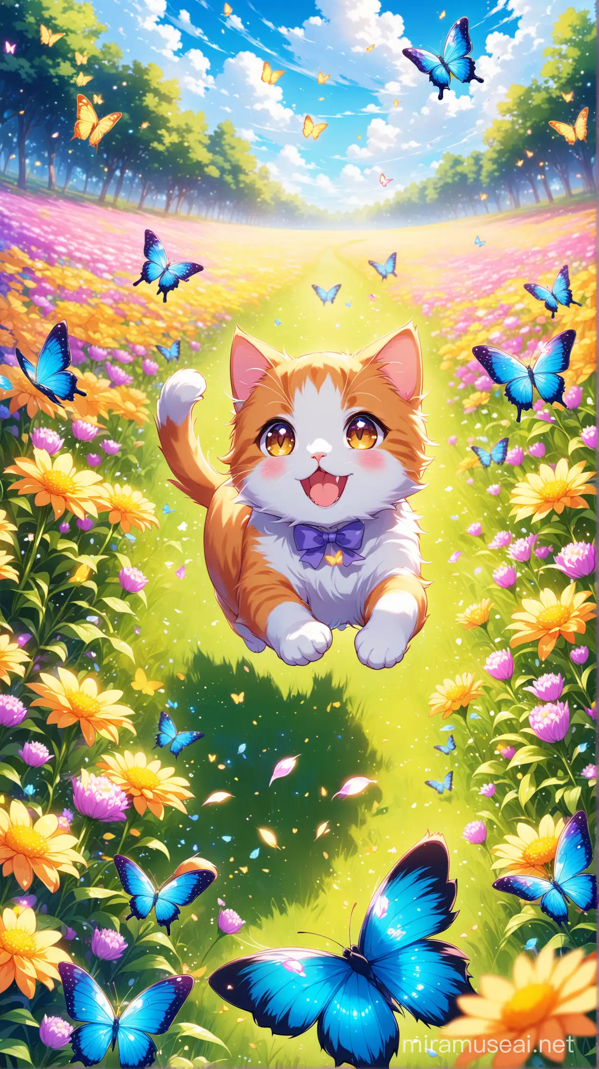 An adorable anime cat chasing after colorful butterflies in a field of flowers
