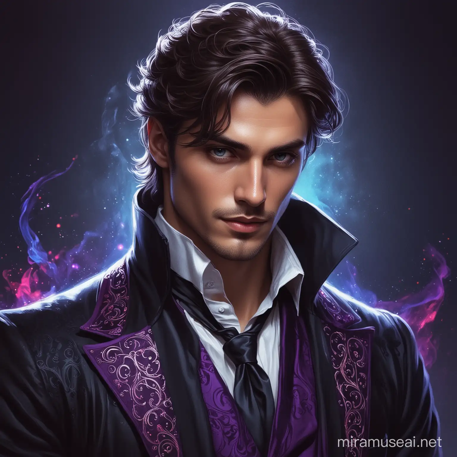 suave mysterious handsome man, dark magic, colorful