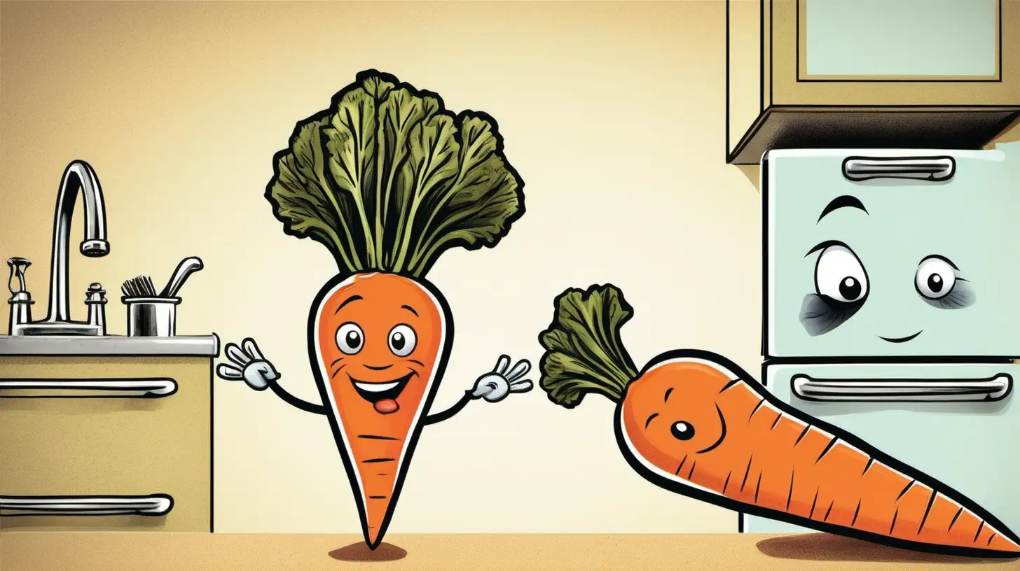 illustrate carrot and onion talking each others, in the kitchen