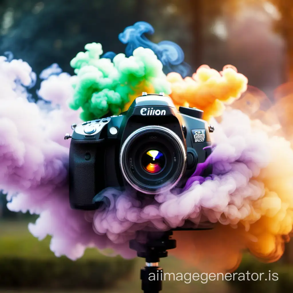 camera, burst of colorful smoke or fog, bokeh background