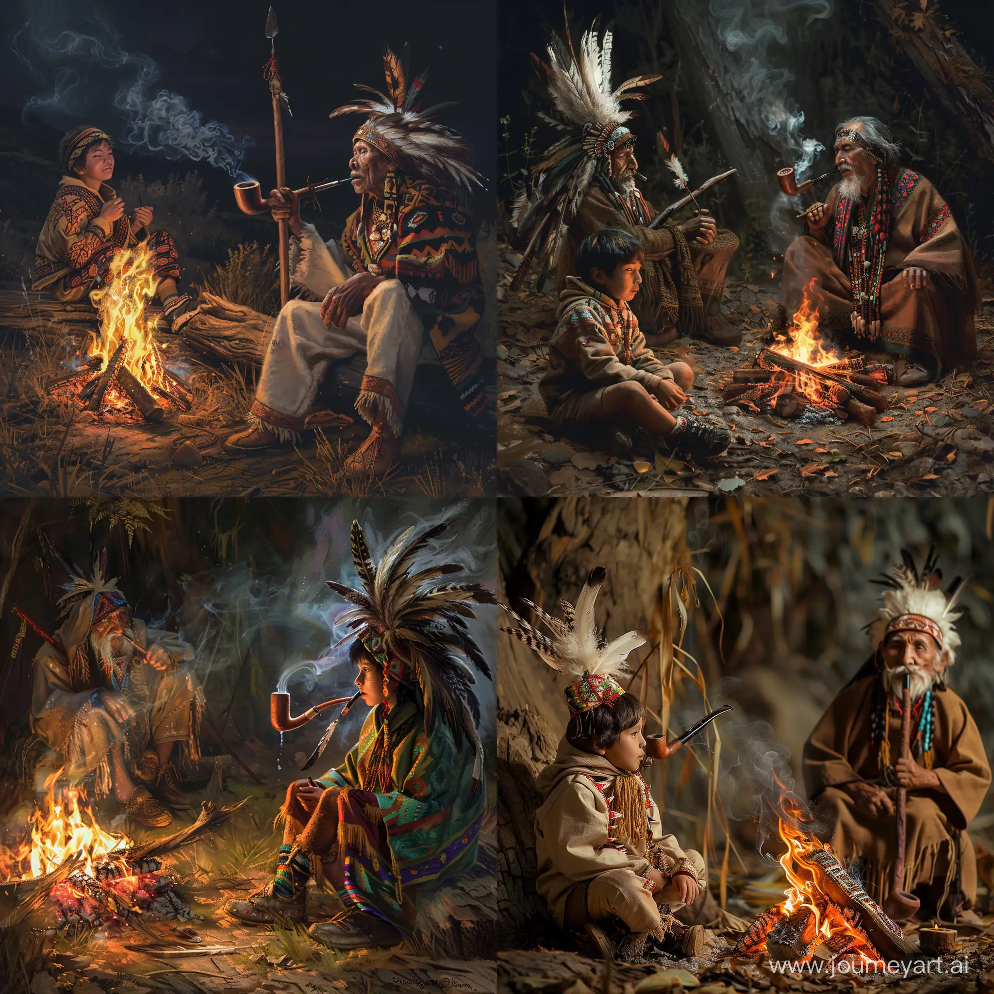 Boy-in-Poncho-with-Shamanic-Bonfire-and-Feather-Headdress