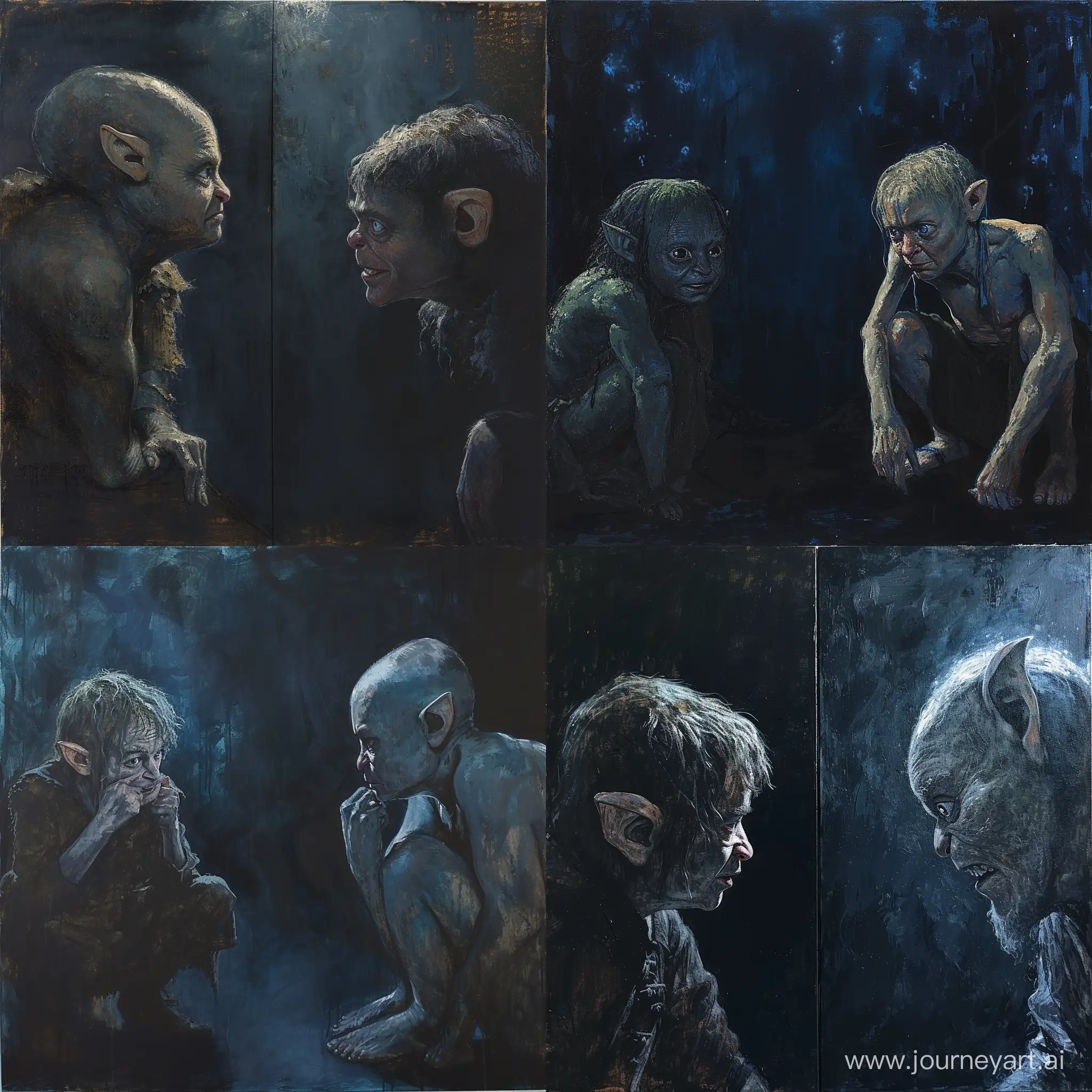 Riddles in the Dark with Gollum, Acrylic. Bilbo and Gollum are positioned on opposing sides, with a psychological divide. The dark palette with occasional gleams highlights the eerie, suspenseful atmosphere. The mood is tense, reflecting the mental duel.  In the style of Donato Giancola.