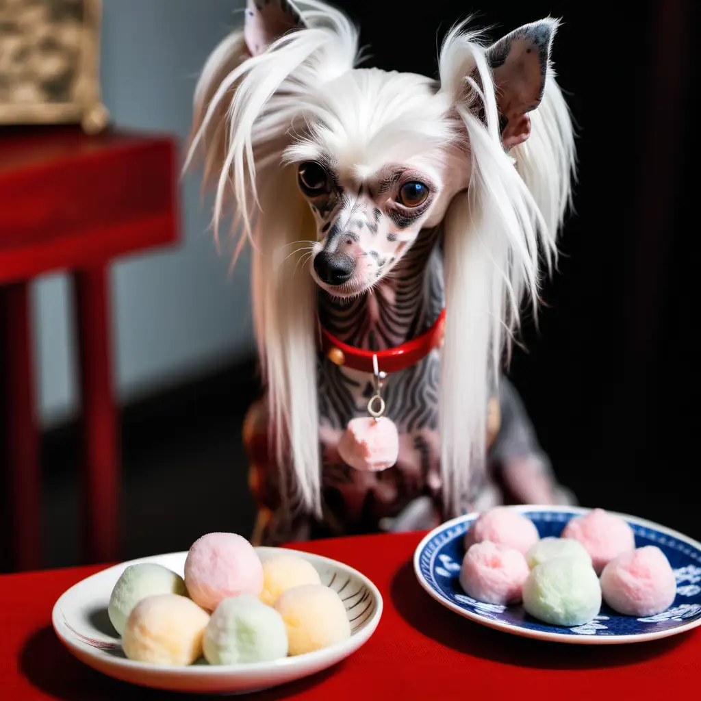 a Chinese crested dog looking at a plate of Mochi on a Japanese table