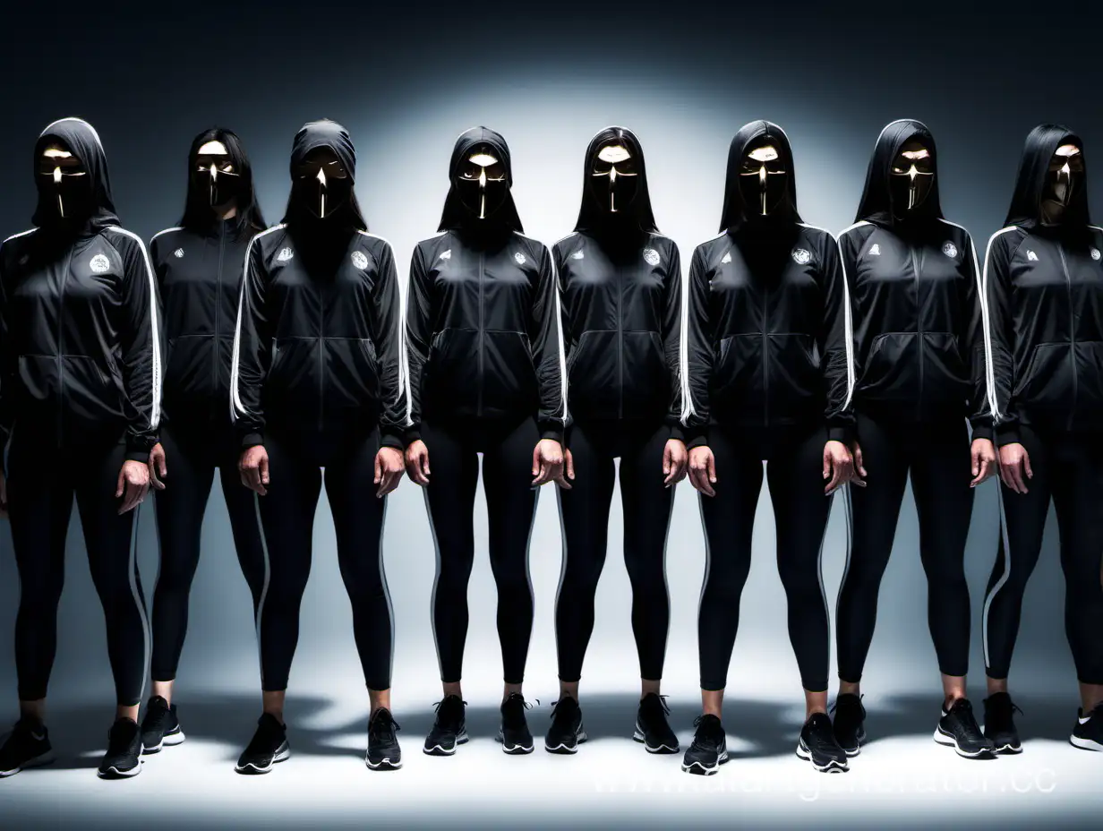Девять персонажей в зеркальных масках закрывающие лицо полностью стоят в темноте, одеты в черную спортивную одежду.