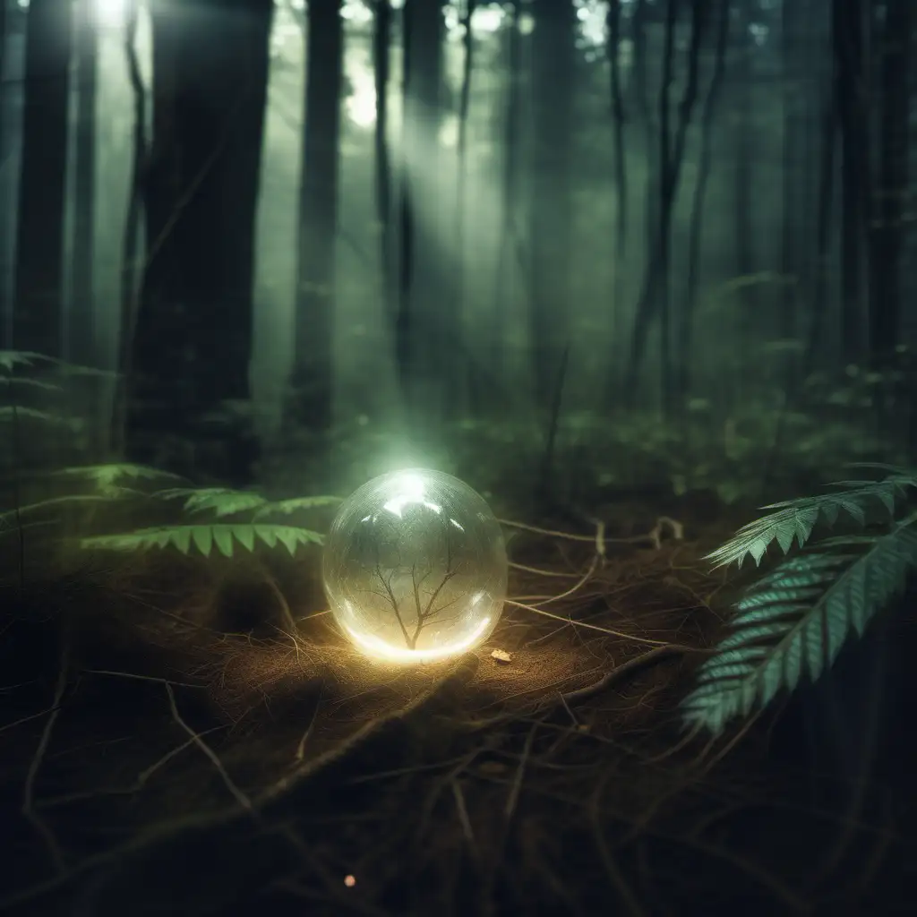 A small shining magical object on the ground in a big mystic forest, taking no more than 3% of the total picture area
