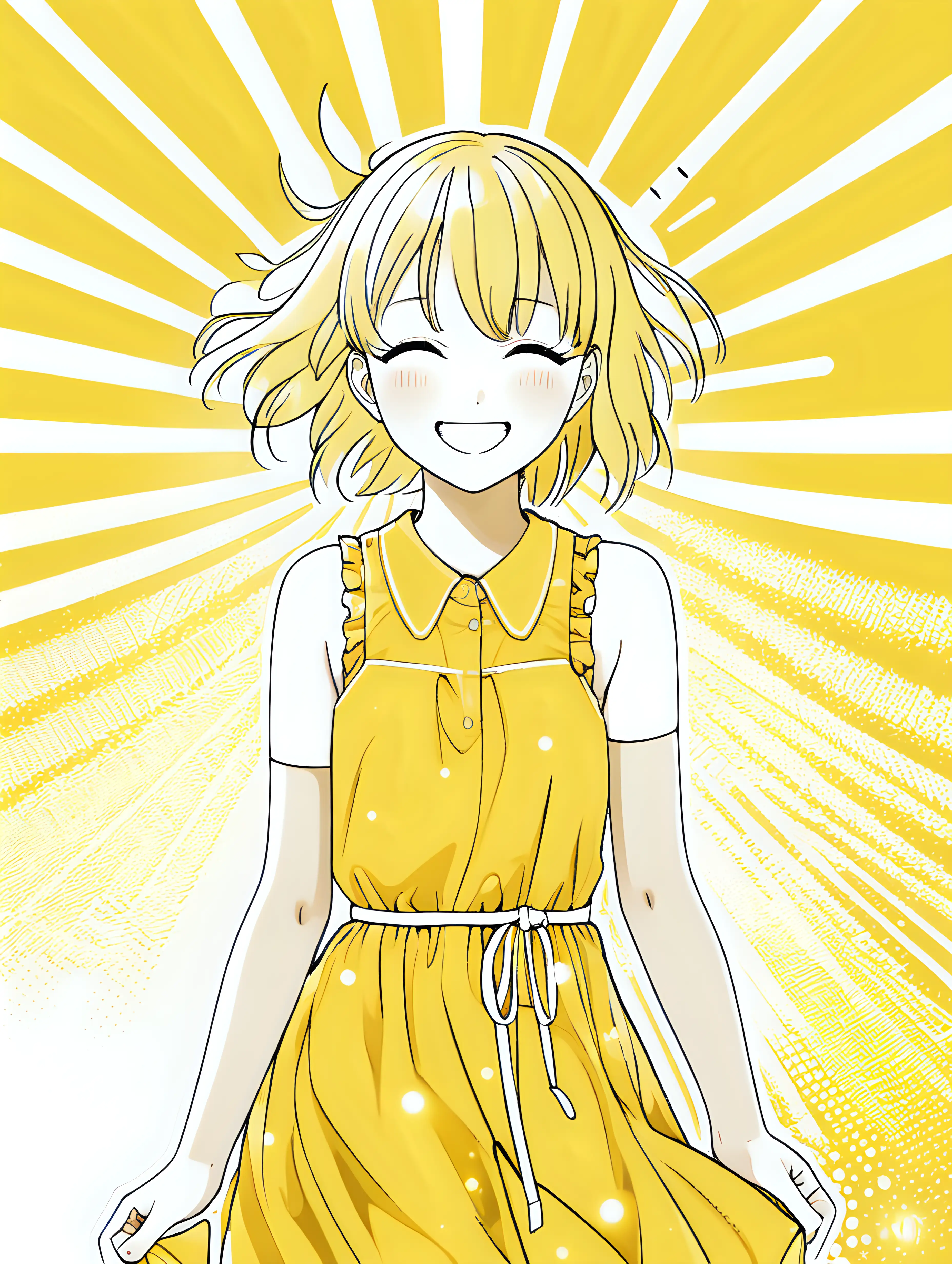 anime girl in yellow dress smiling under the bright sun posterize halftone yellow white 3 color minimal design white background