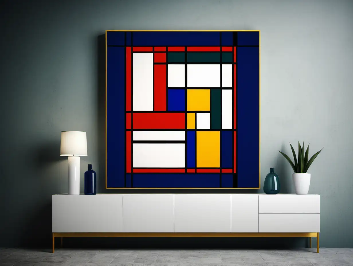 IN THE STYLE OF mondrian CREATE ART ABSTRACT using deep blue, deep green, small amount of amber and smaller amount of red