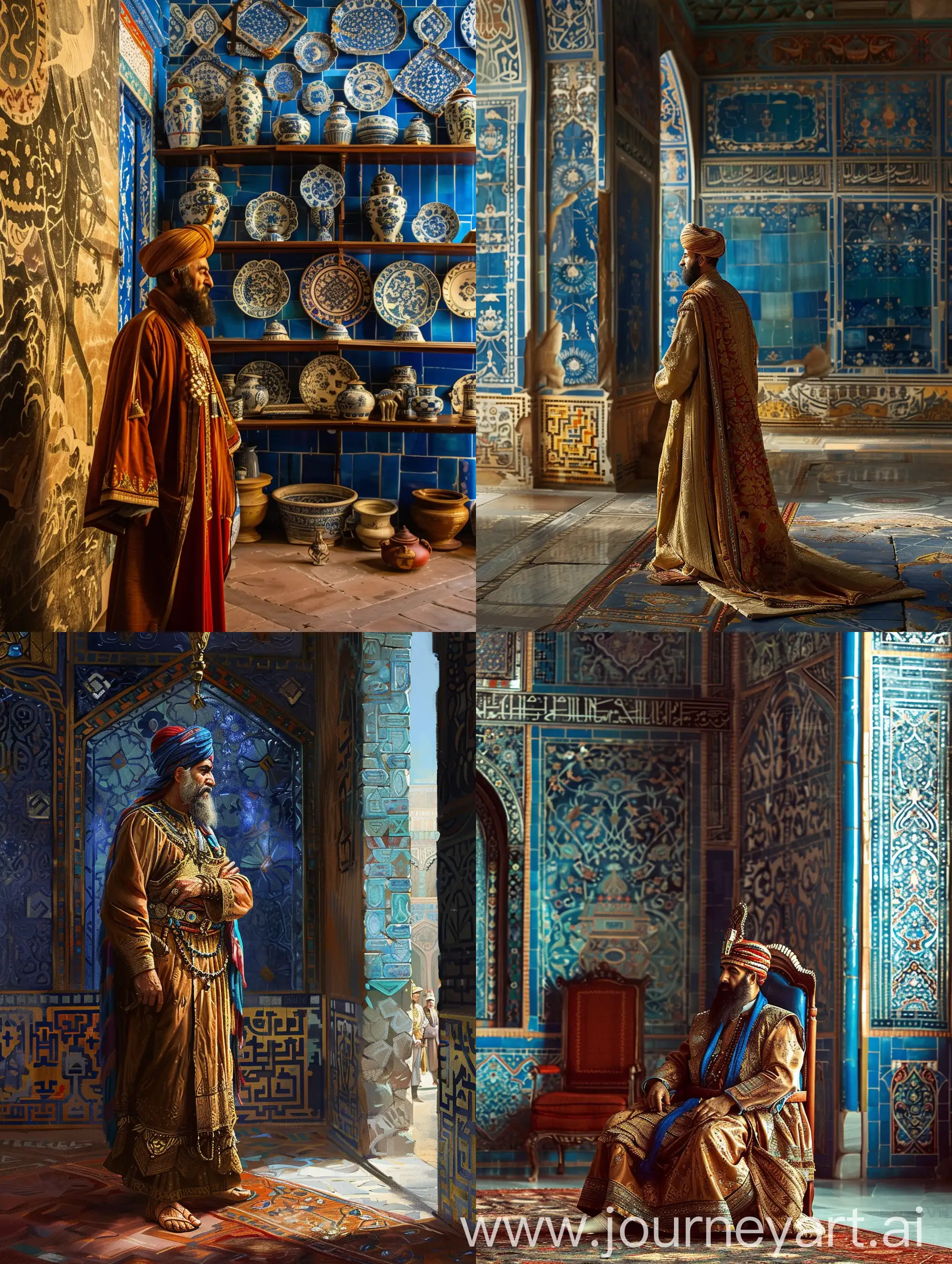 An ancient Persian king in a room with blue porcelain on the walls