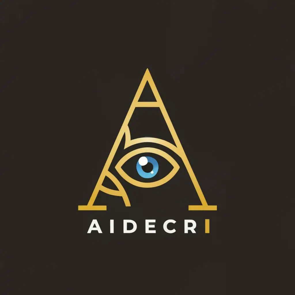 logo, eye inside the alphabet A, with the text "AI decor", typography as white color background and golder font with blue eyes 