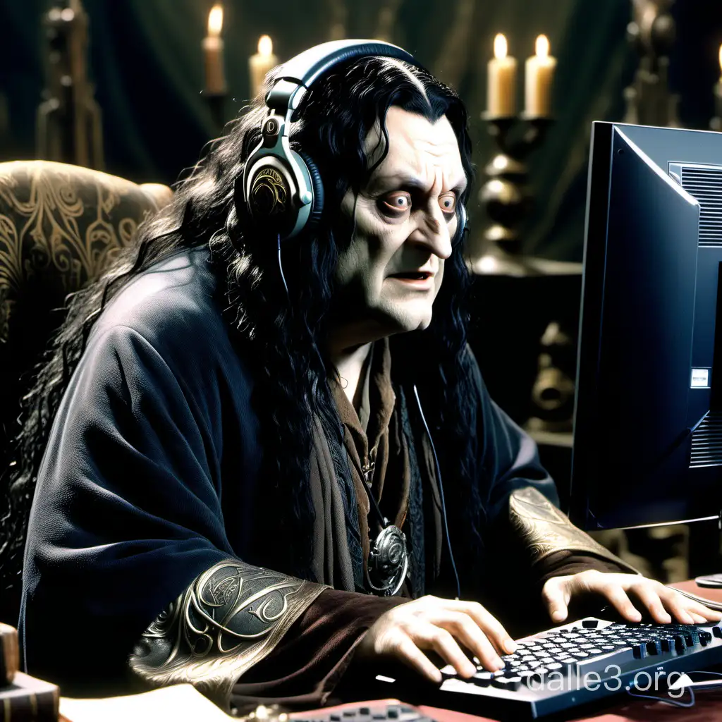 Grima Wormtongue (as depicted in the Lord of the Rings movie trilogy) wearing headphones with a microphone, sitting by his computer, waiting