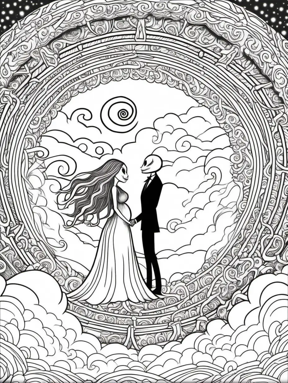 the Nightmare Before Christmas-Mandala-style Adult coloring book of a pregnant mother holding hands with her husband standing on a cloud under a rainbow.

