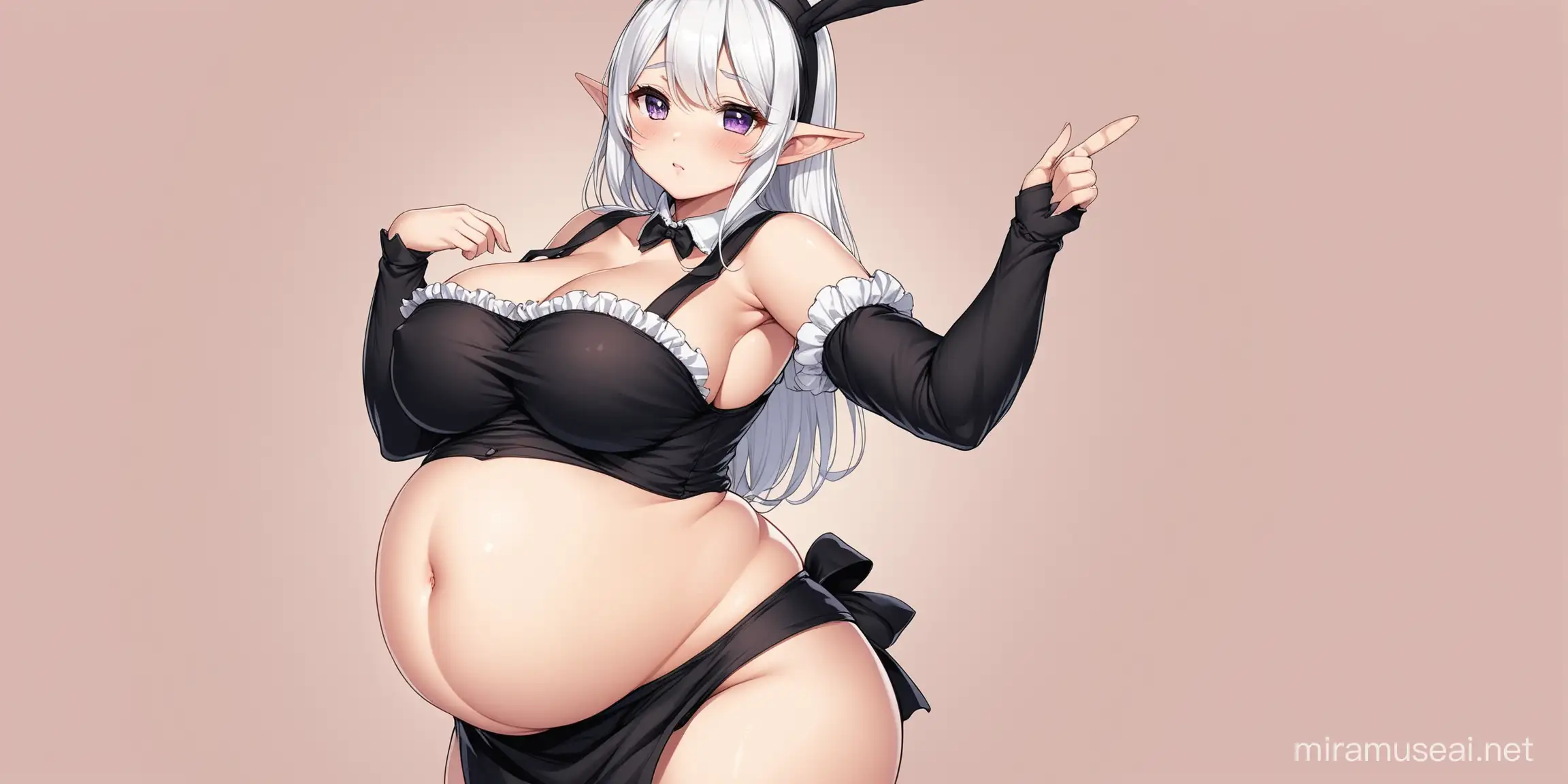 With a gentle hand resting on her swollen belly, the beautiful elf maid stands before her master with the intent of inquiring the changes occurring within her body, oblivious to her pregnancy. She’s perfectly round and ready-to-pop. Her traditional black maid uniform no longer fits, it simply covers the upper portion of her swollen middle leaving the rest of her huge, swollen belly bared beneath. Her navel has popped out and become an outie, only accentuating just how far along she is. Despite all this, she remains blank faced, oblivious as to the true nature of her condition. She possesses white hair which covers one of her purple eyes, pointed ears, and black antennae atop her head resembling pointed rabbit ears.