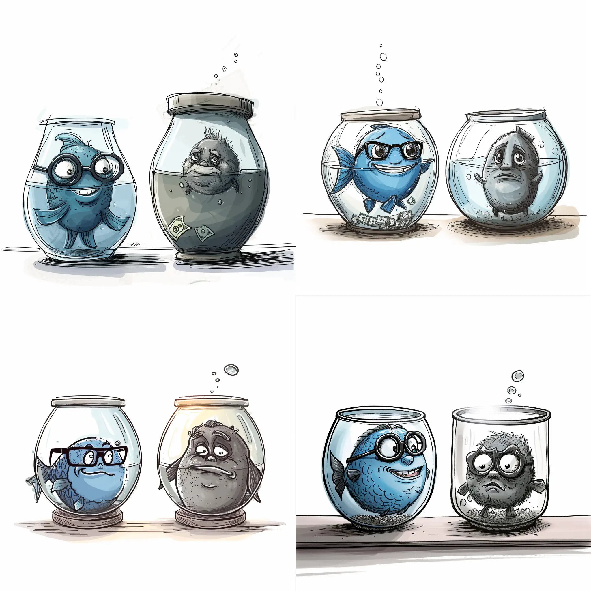two fishbowls next to each others. One of them contains a blue fish it looks smiling and beautiful, has money, and wears elegant black glasses. The other contains a gray fish that looks sad and poor. There is a light shining horizontally on the aquarium that  contains only the blue fish but not the other fish. Vector sketch drawing illustrator style on white background. 