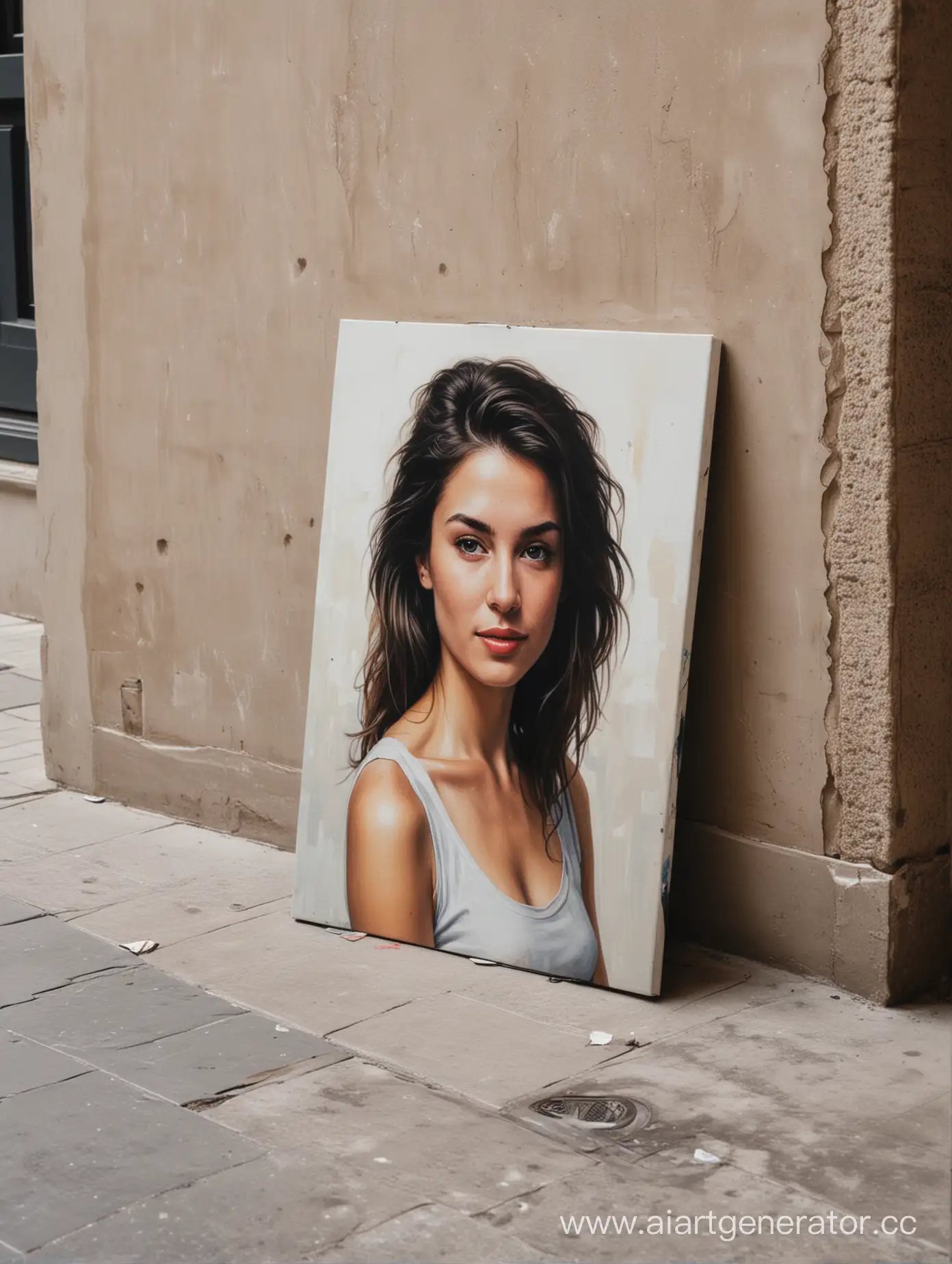Портрет на холсте стоит на полу прислонившись к стене на улице