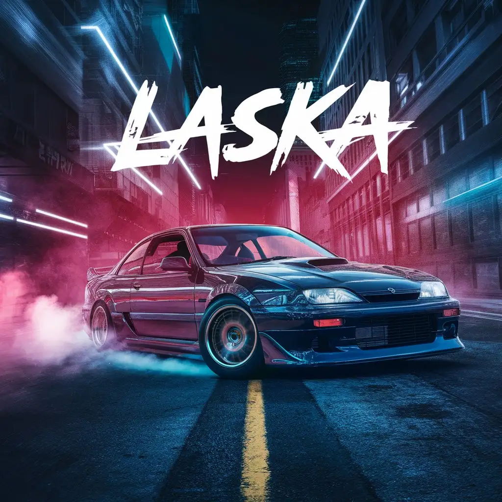 Electric Music album cover, inscription "lasKa" as title, japanese car drifting, smoking tires, japanese stanced