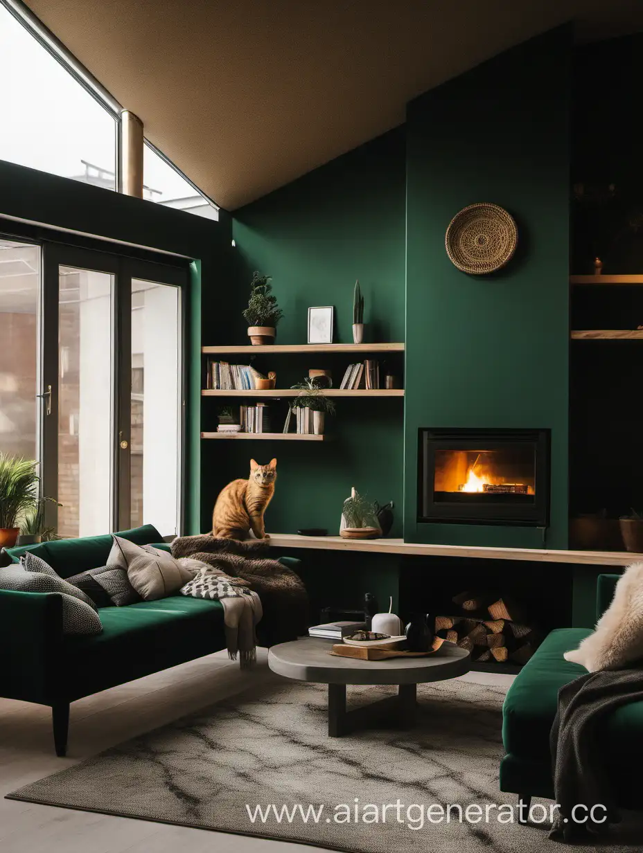 фотография интерьера уютной современной гостиной в темно-зеленых оттенках с камином и котом рядом
