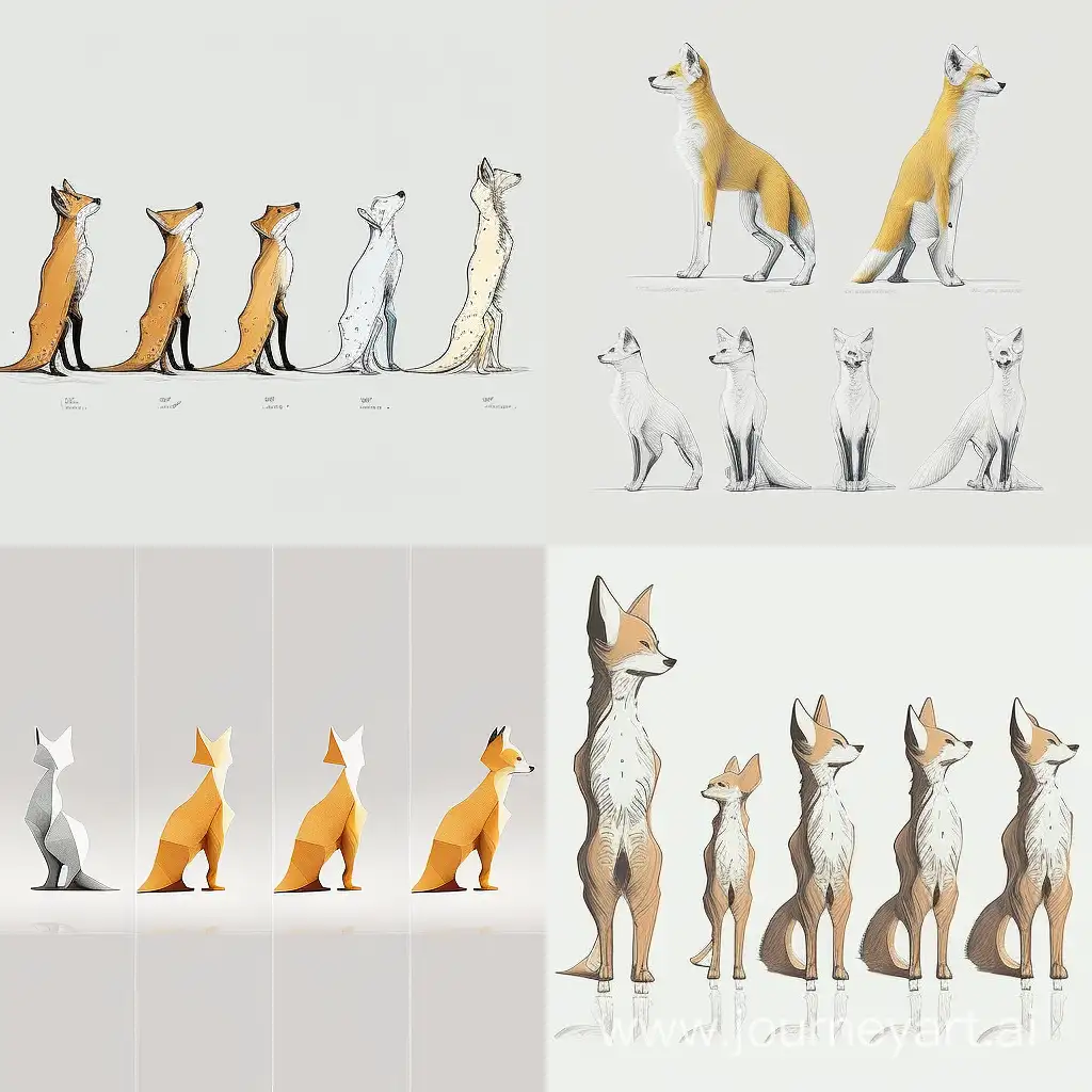 A fox, standing like a man, "Little Prince" design style, white background, 6 different angles, no outline