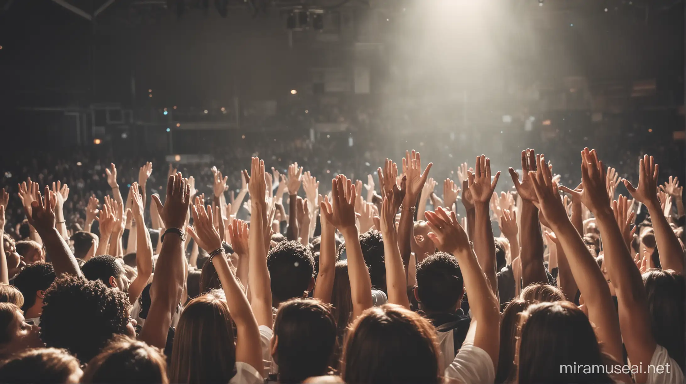 Christian Worship Gathering Hands Raised in Devotion