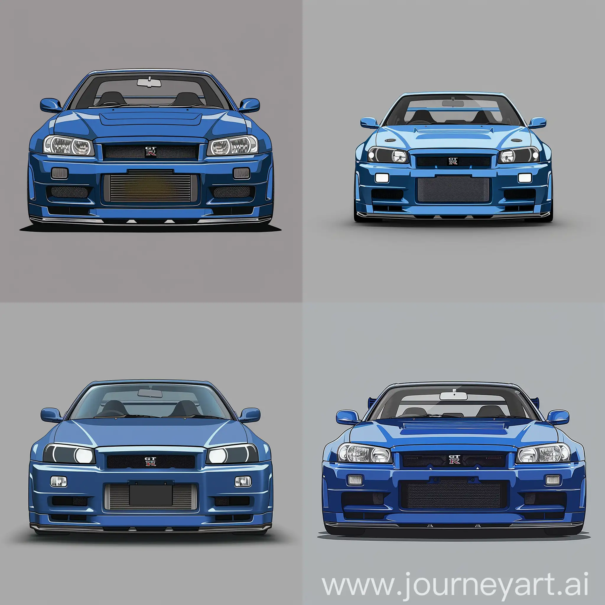 Minimalism 2D Illustration Car of Front View, Nissan Skyline GTR R34: Blue Body Color & White Body Stickers, Simple Gray Background, Adobe Illustrator Software, High Precision