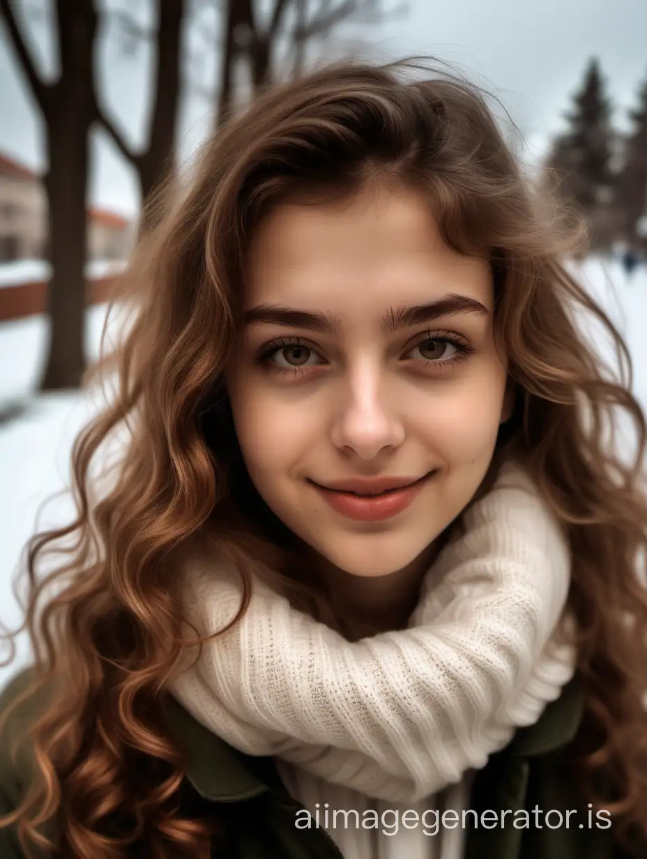 Generate an image with a mobile phone photo style and resolution. Use natural ambient light and avoid too much retouching. The subject is Michela, an Italian prosperous girl who just returned home from college. She has brown wavy hair, and the photo is set in a Lithuanian winter day.