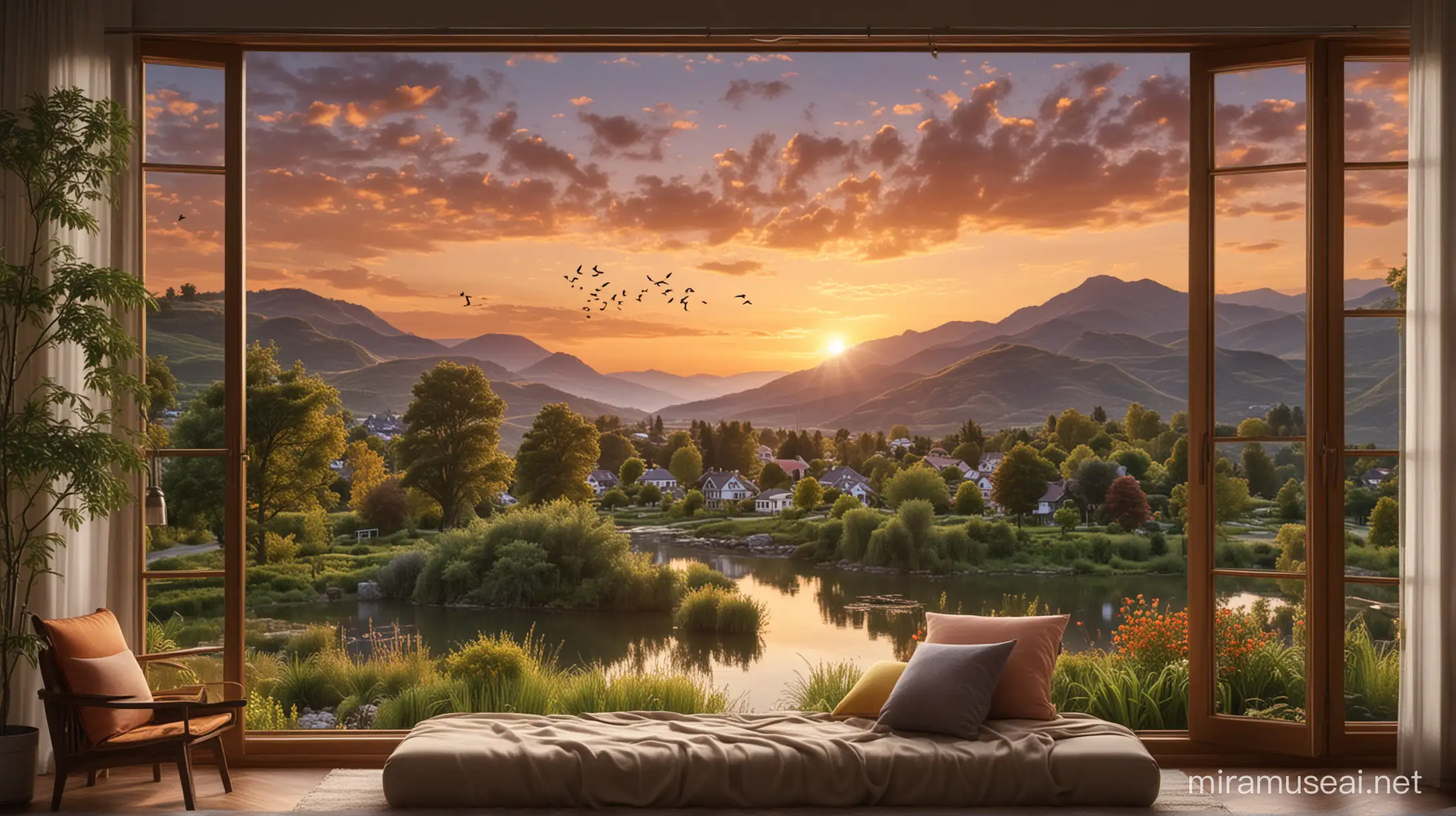 Transform your living space into a window to the world with Canon's cutting-edge new camera model. Envision a stunning landscape portrait adorning your wall, capturing the serene beauty of a sunset vista. Majestic mountains rise in the distance, their peaks aglow with the warm hues of twilight. Below, a transparent river winds its way through the verdant valley, reflecting the colors of the setting sun. A charming house nestled among lush greenery adds a touch of coziness to the scene, while wispy clouds drift lazily across the sky.

In the foreground, a scattering of birds gracefully traverse the evening sky, their silhouettes adding movement and life to the tableau. Your task is to create an HD image that seamlessly blends these elements, transporting viewers to a tranquil natural setting right in the comfort of their own home. Let the beauty of this sunset panorama captivate and inspire, showcasing the unparalleled clarity and richness of colors that Canon's newest camera model can capture.