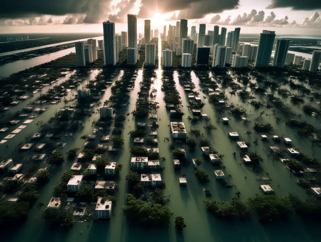 Aerial view of miami, Post nuclear apocalypse, Flooded. Destroyed skyscrapers, vegetation growing everywhere, sunset, eerie, ominous