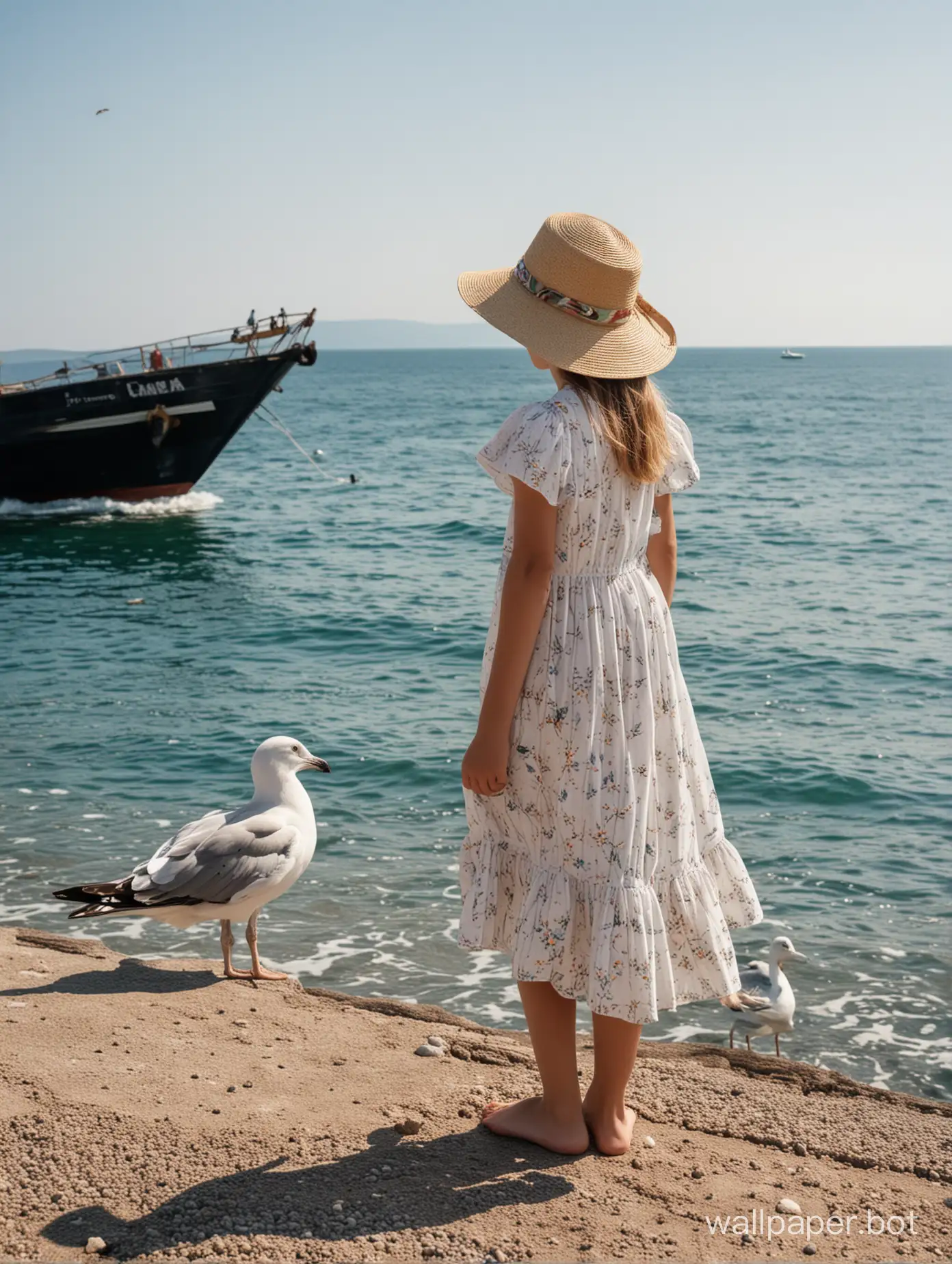 Black Sea, Crimea, 11-year-old girl in a summer dress and hat, view from behind, full-length, distant ship, seagull