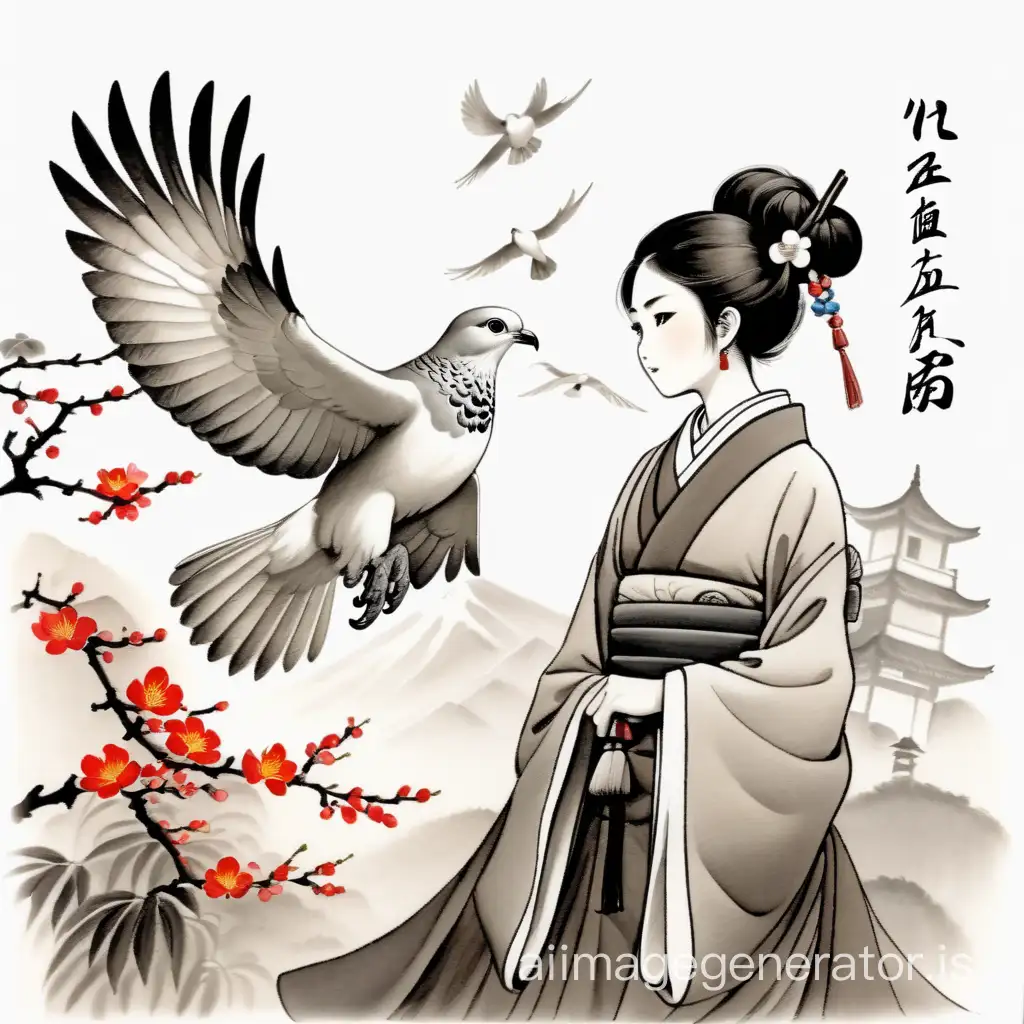 Japanese cartoon female characThe Deep Harrier and Dove in Chinese Ink Painting Styleters in Chinese ink painting style