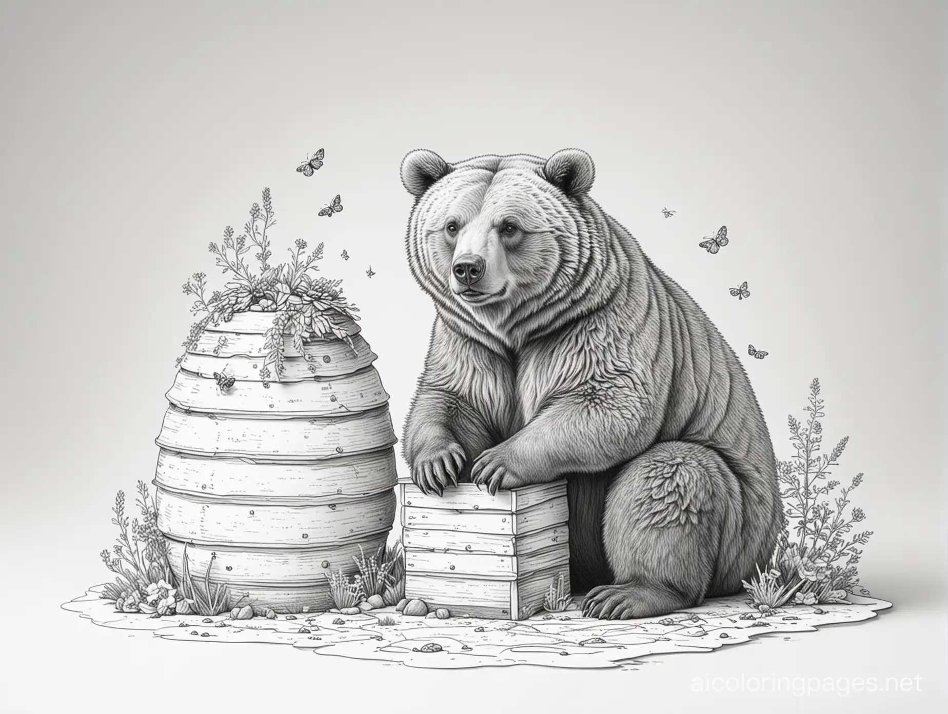 A grizzly bear sitting on a beehive, Coloring Page, black and white, line art, white background, Simplicity, Ample White Space. The background of the coloring page is plain white to make it easy for young children to color within the lines. The outlines of all the subjects are easy to distinguish, making it simple for kids to color without too much difficulty