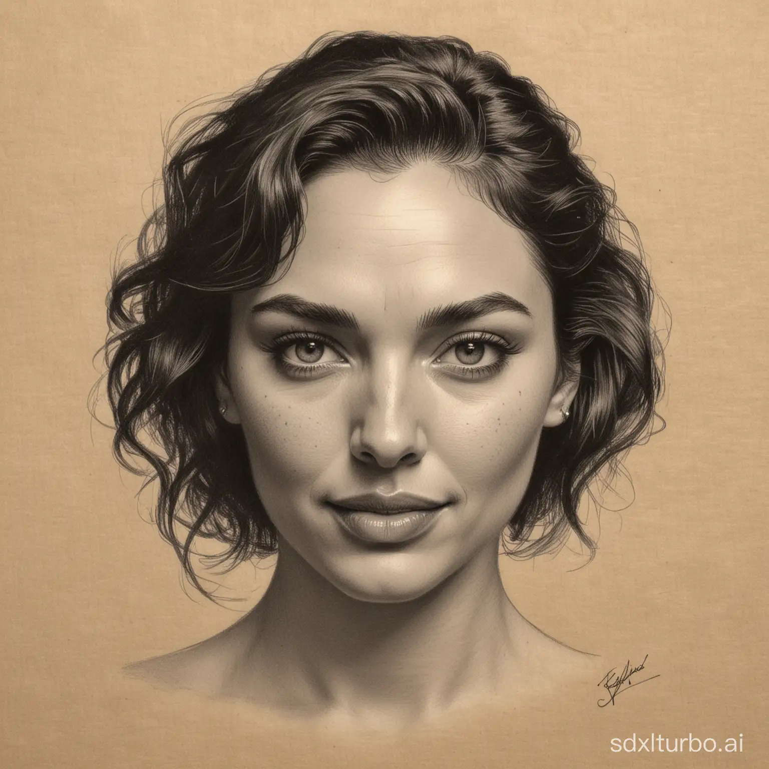 Pencil sketch  of beautiful Gal Gadot, beehive hair,  Head sketch  by Ilya Repin,Proud, sinister, evil,Big earlobes, Buddha, Keep eyes open, on handmade paper,Martial arts themes