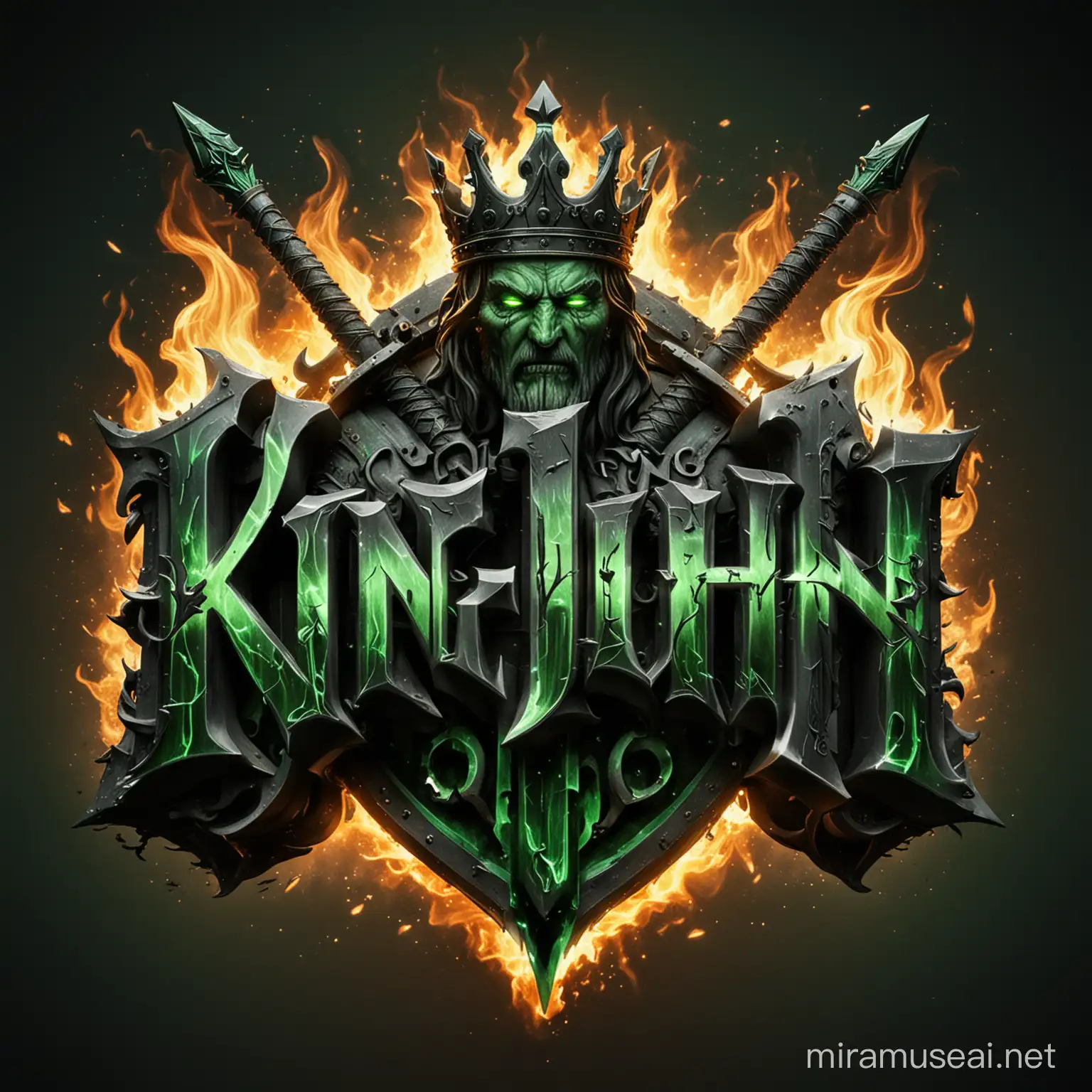 3d logo,king with 2 swords black and green flames, written the name "king John"