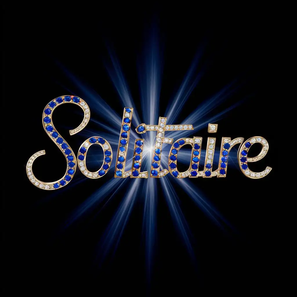 The word 'Solitaire' in the form of gold jewelry studded with blue and red gemstones radiates light and sparkle, and in the background is a group of gold jewelry for women, all on a black background. 