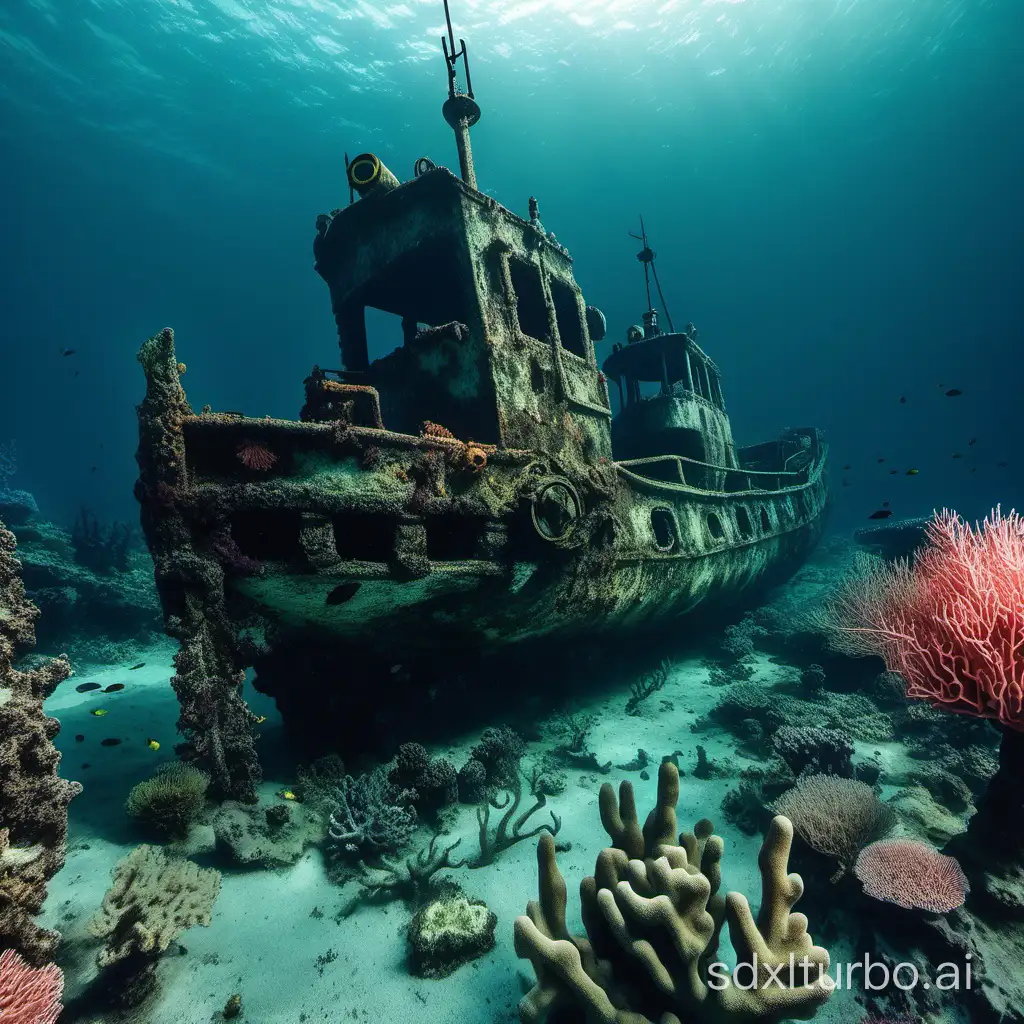 Underwater, coral reefs, sunken ships, dead men