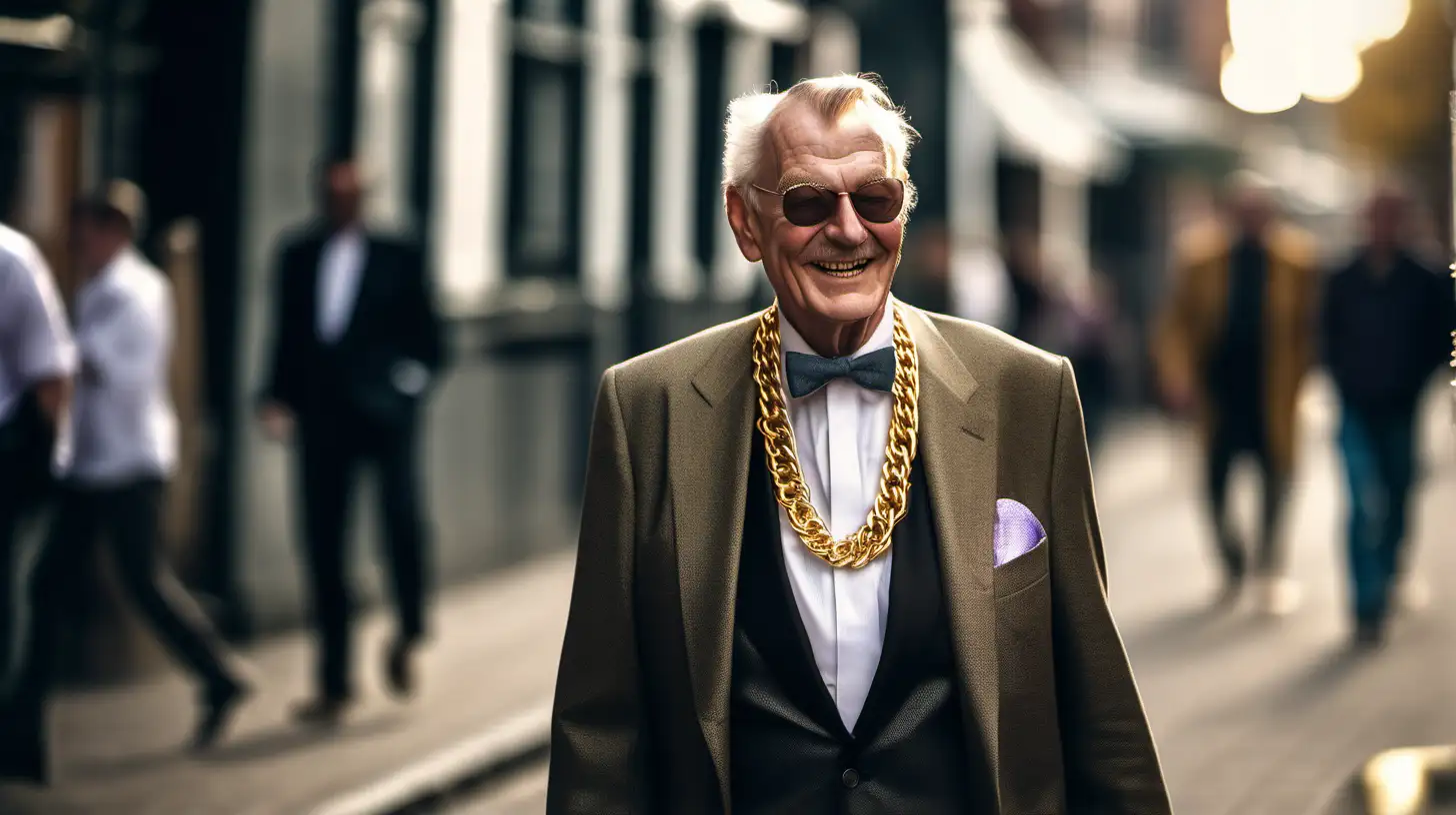 An elderly English gentleman adorned with stylish gold chains,  with a grin on his face, strolling gracefully down the street), (Sony A7 III with a 50mm f/1.8 lens), (Soft, natural lighting accentuating the elegance of the gentleman's attire), (Candid-style photography capturing the sophistication and poise of the elderly Englishman as he walks)